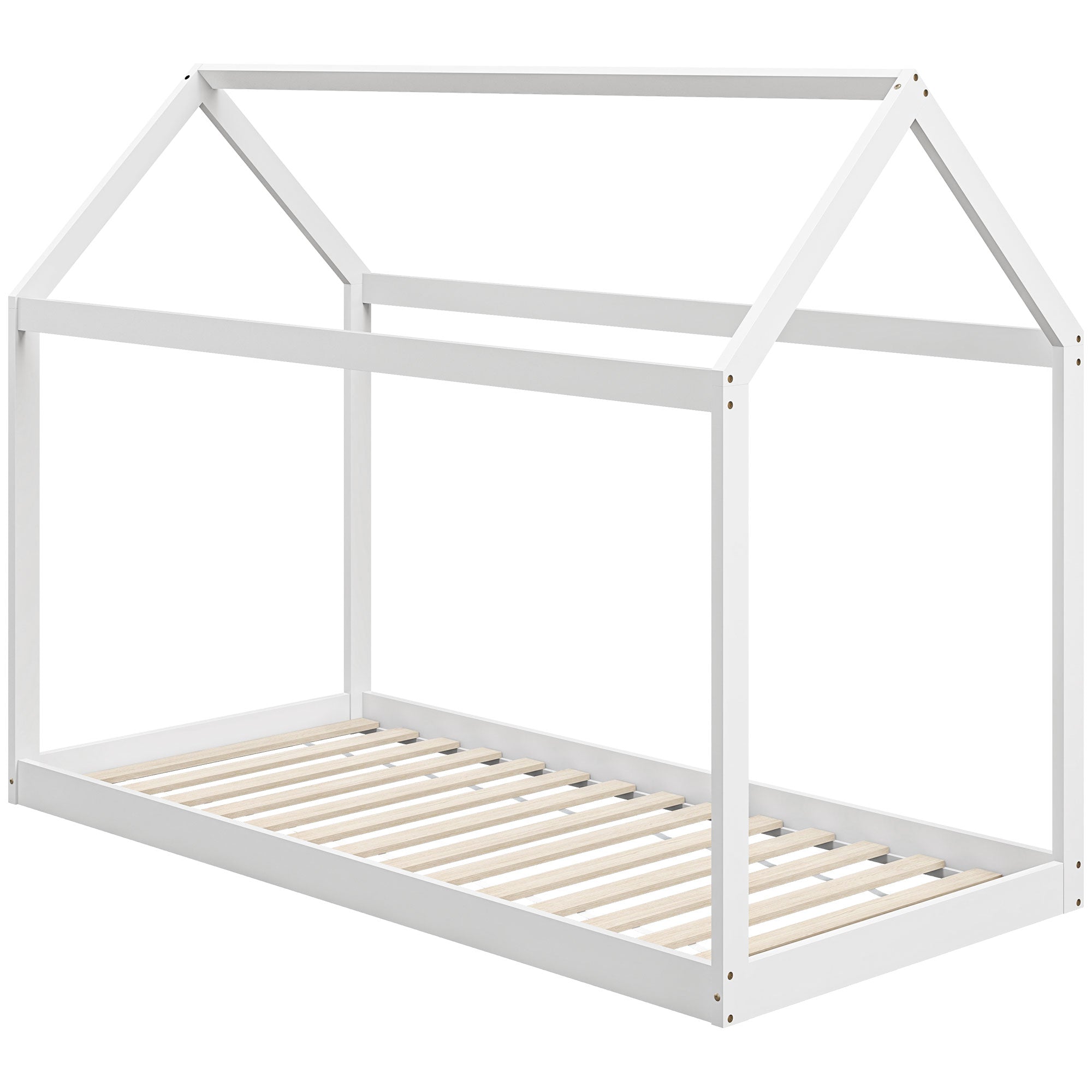 HOMCOM Single Bed Frame, House Scandinavian Style Wooden Bed Frame for 90W x 190Dcm Mattress, Pine Wood Bed Base, White - North Peak Garden Furniture