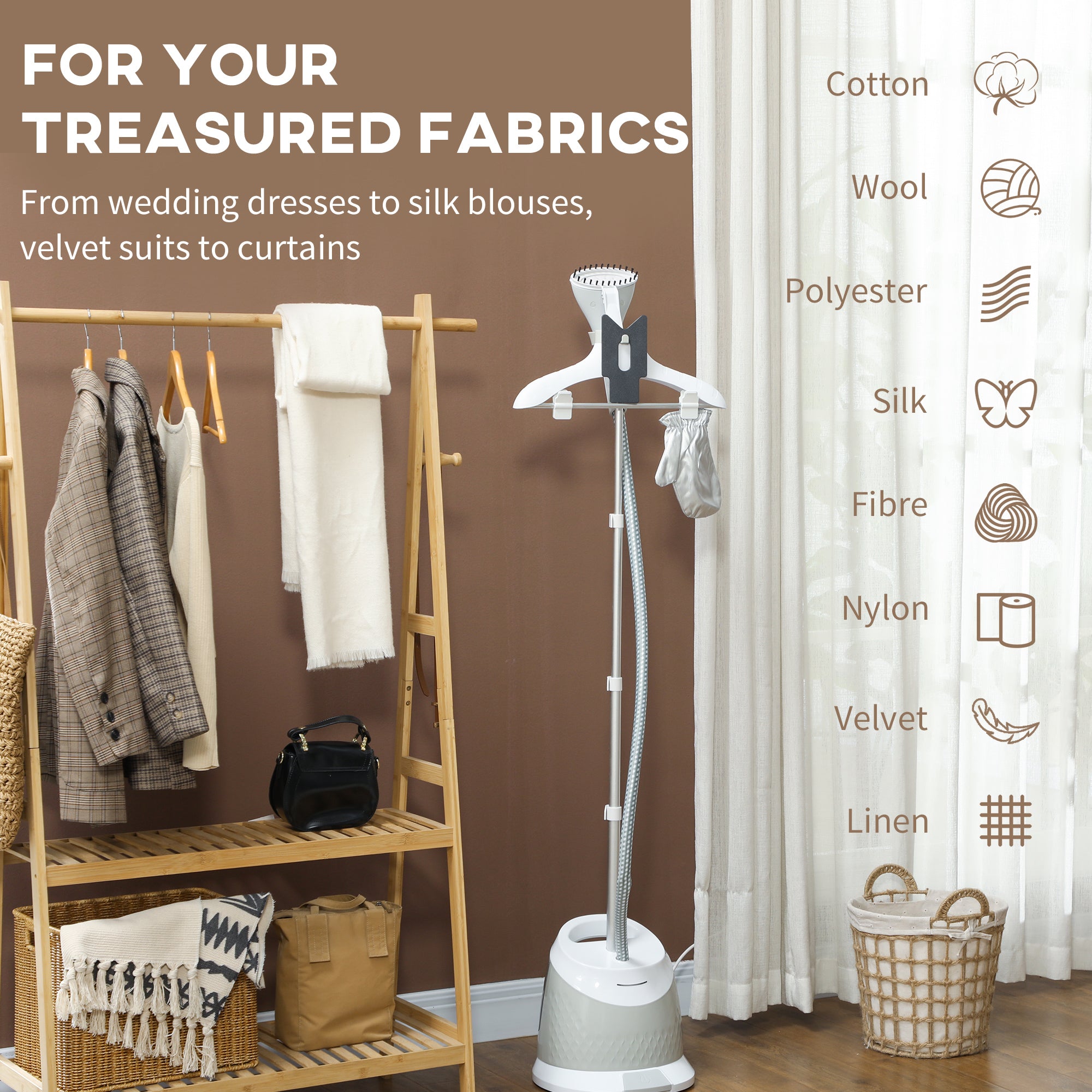 HOMCOM Clothes Steamer, Upright Garment Steamer Wrinkle Remover with Large 1.8L Water Tank, Adjustable Height, for Home Clothing, Curtains, Wedding Dresses, Silk, Sofa, Light Grey - North Peak Garden Furniture