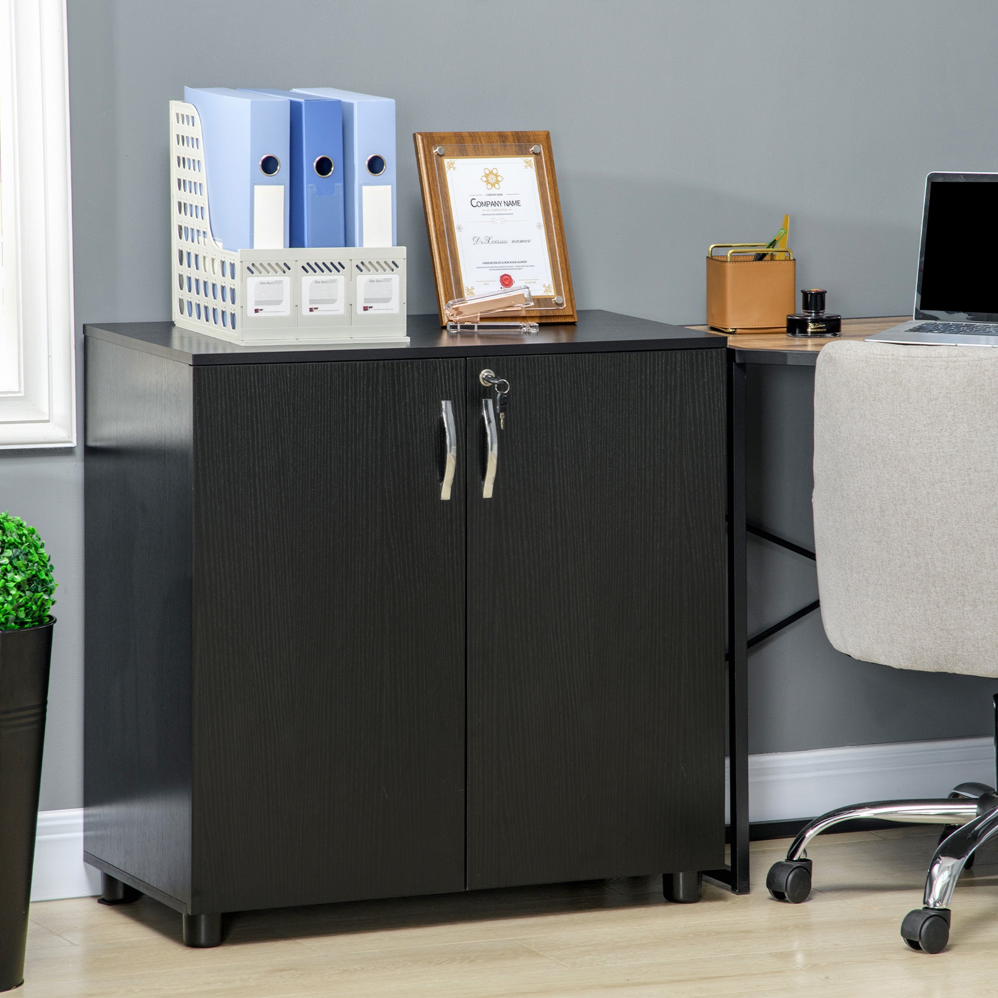 Vinsetto Lockable Office Storage Cabinet 2-Tier Filing Cabinet w/ Feet 2 Keys Melamine Coating Aluminium Handles Home Office Printer Stand Black - North Peak Garden Furniture