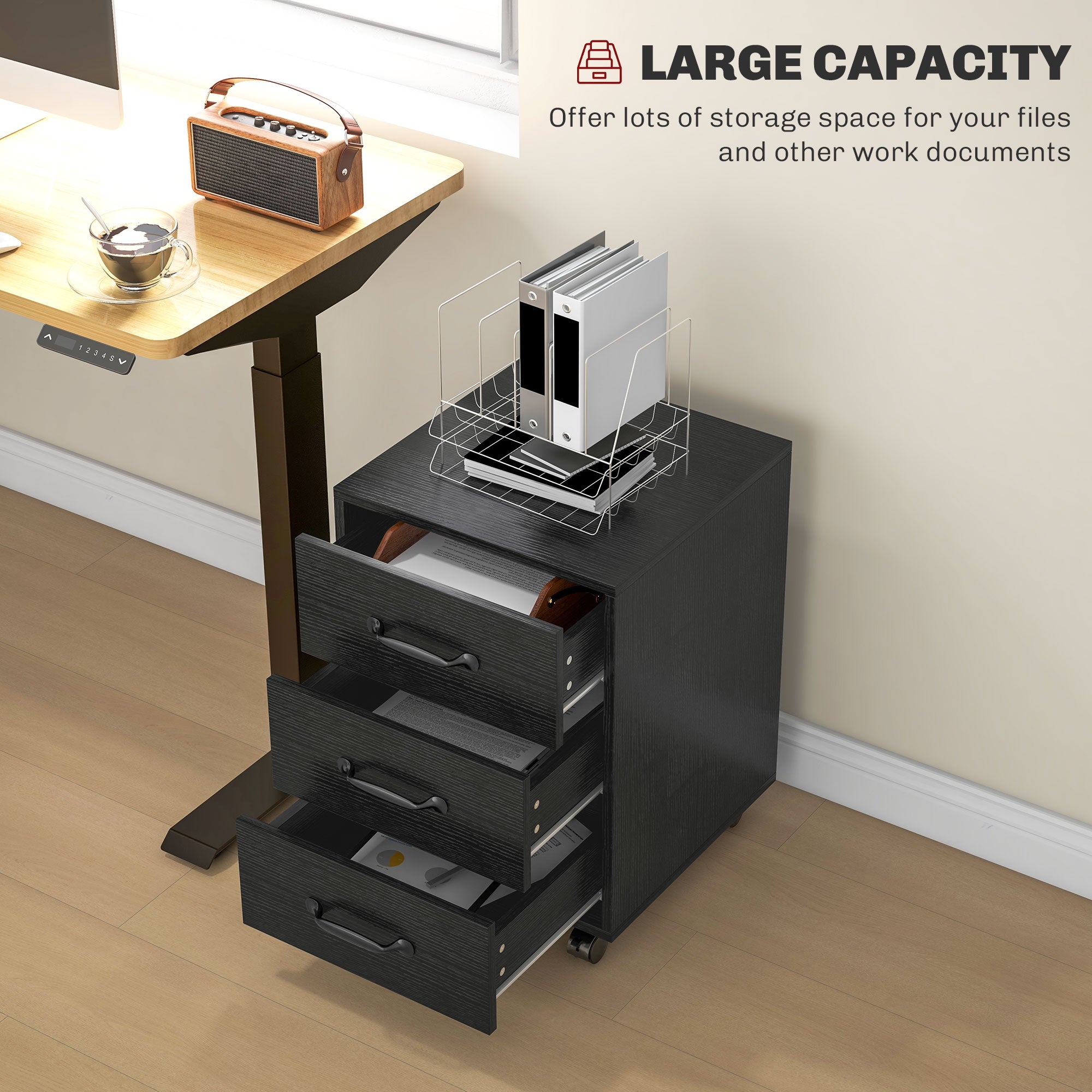 HOMCOM 3 Drawer File Cabinet, Mobile Filing Cabinet on Wheels for Home Office, Study, Black - North Peak Garden Furniture