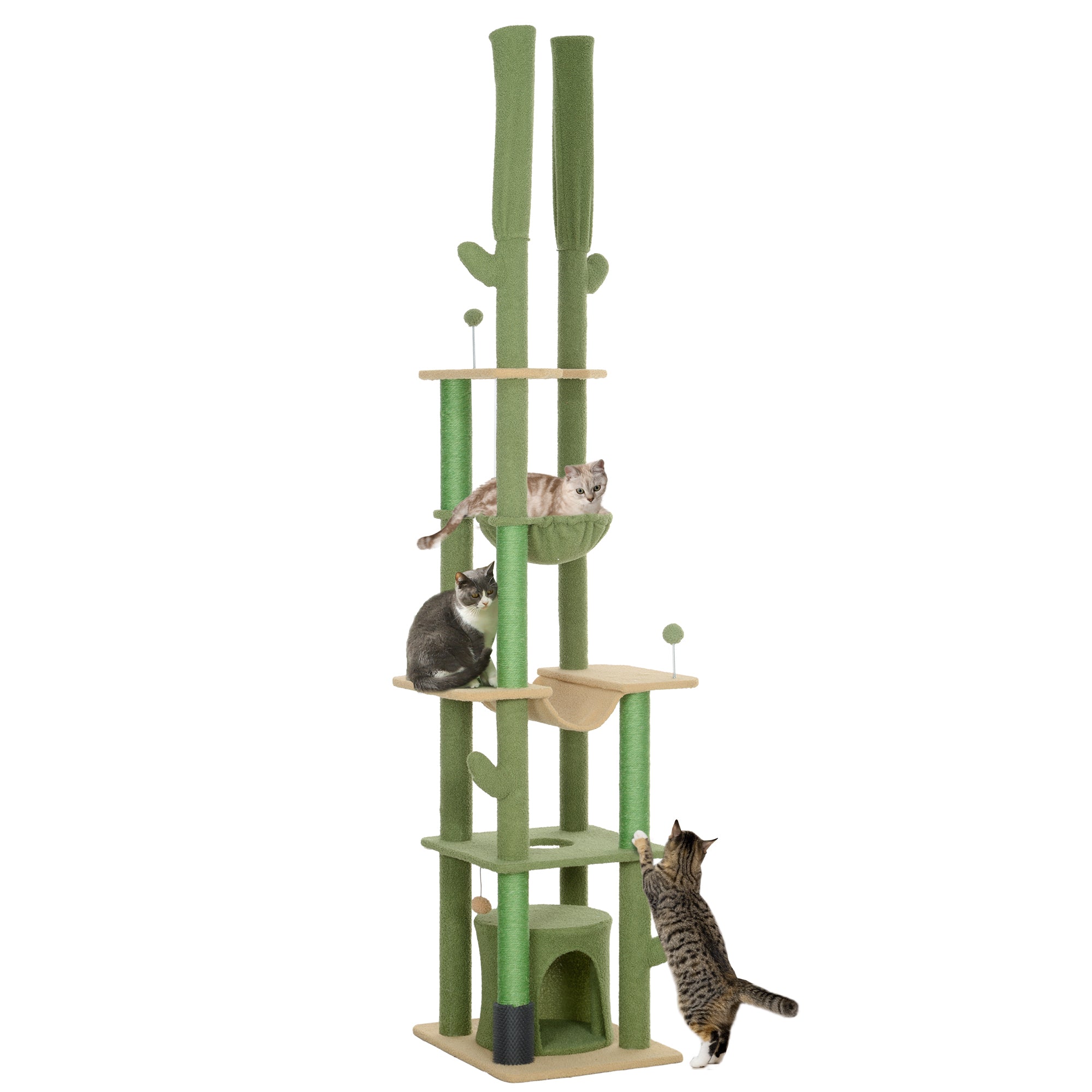 PawHut 225-255cm Height Adjustable Floor to Ceiling Cat Tree, Tall Cat Tower for Indoor Cats w/ Scratching Posts - Green