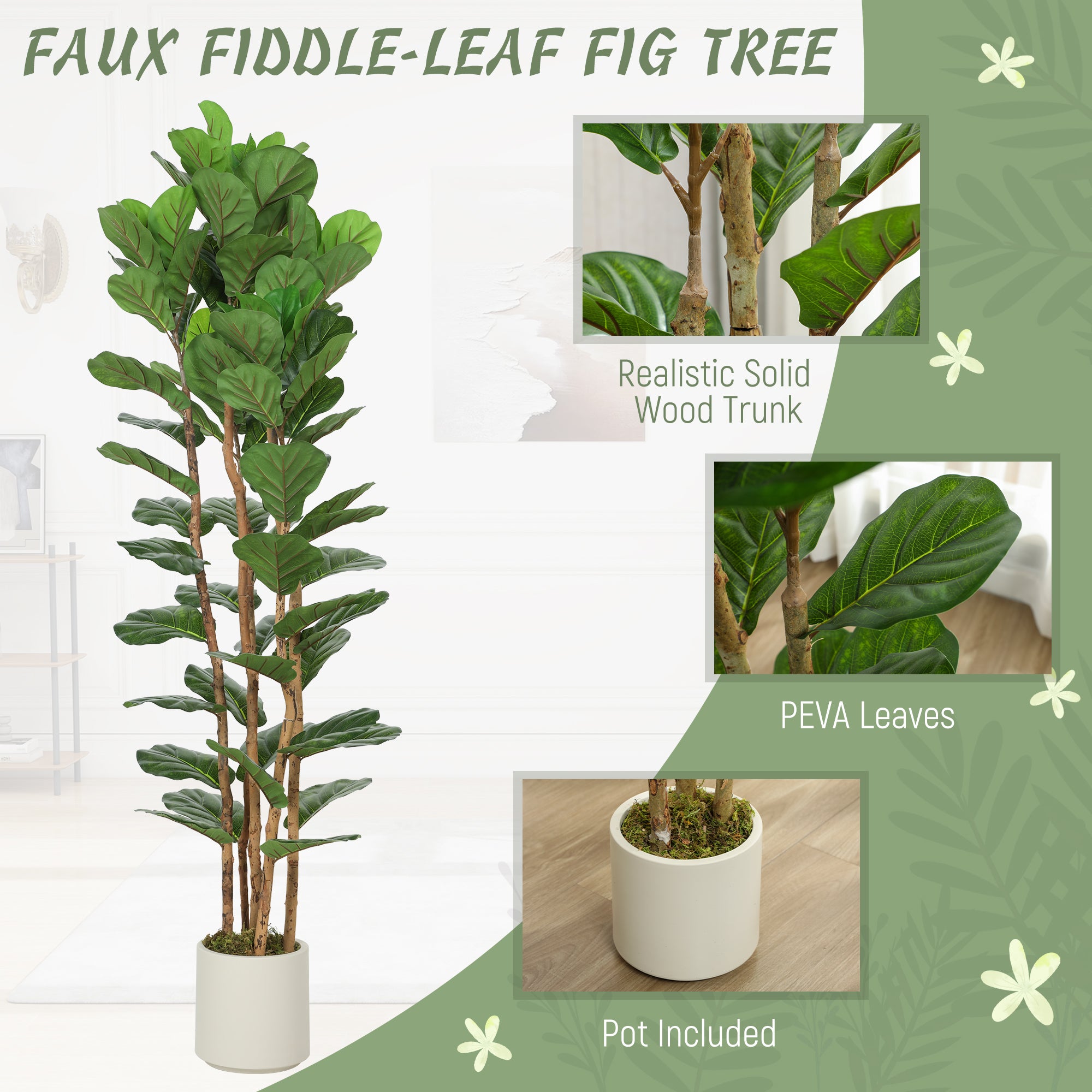 HOMCOM 180cm Artificial Fiddle Leaf Fig Tree - Green