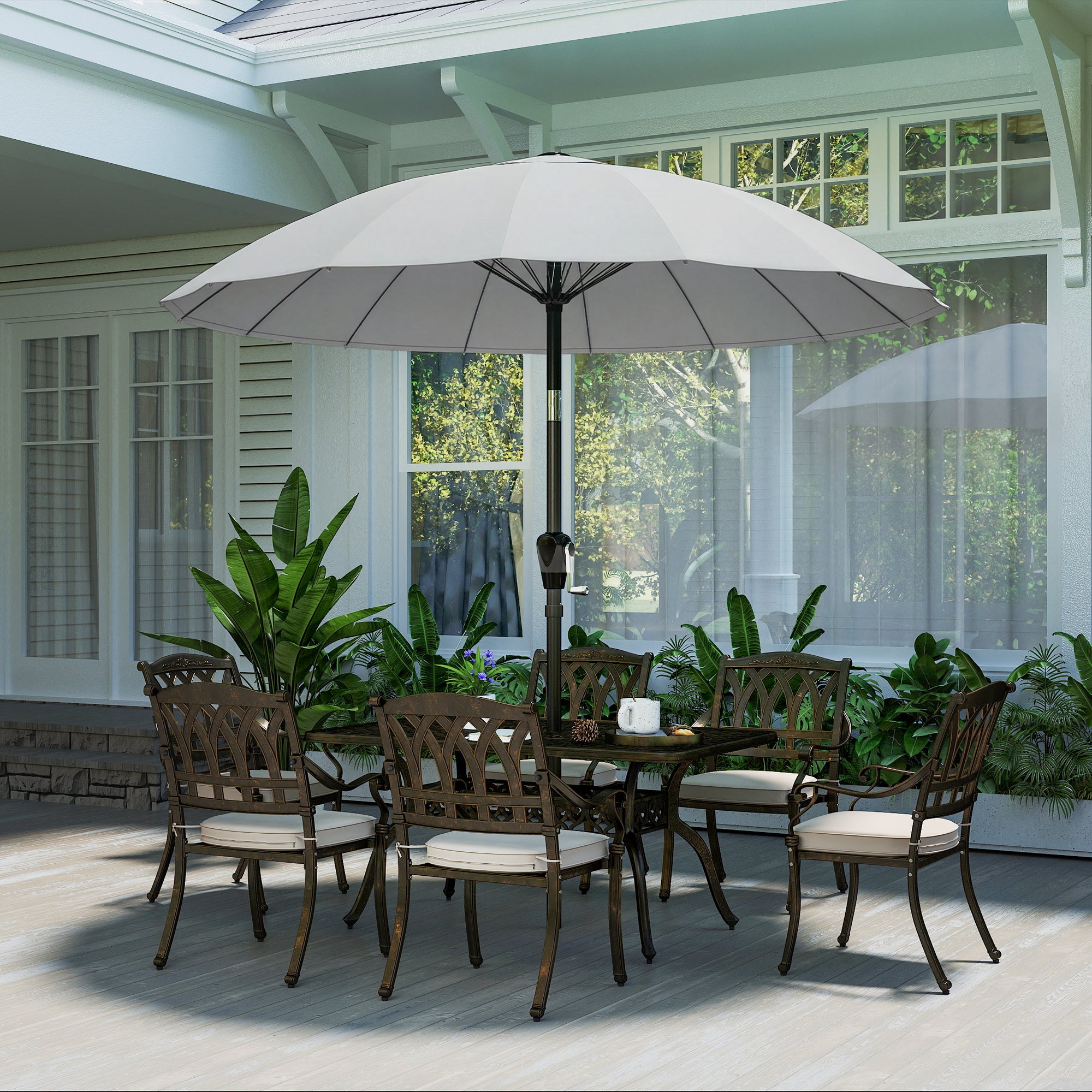 Outsunny 2 m Shanghai Garden Parasol Umbrella with 16 Fibreglass Ribs, Outdoor Parasol Sun Shade with Crank & Tilt, Light Grey