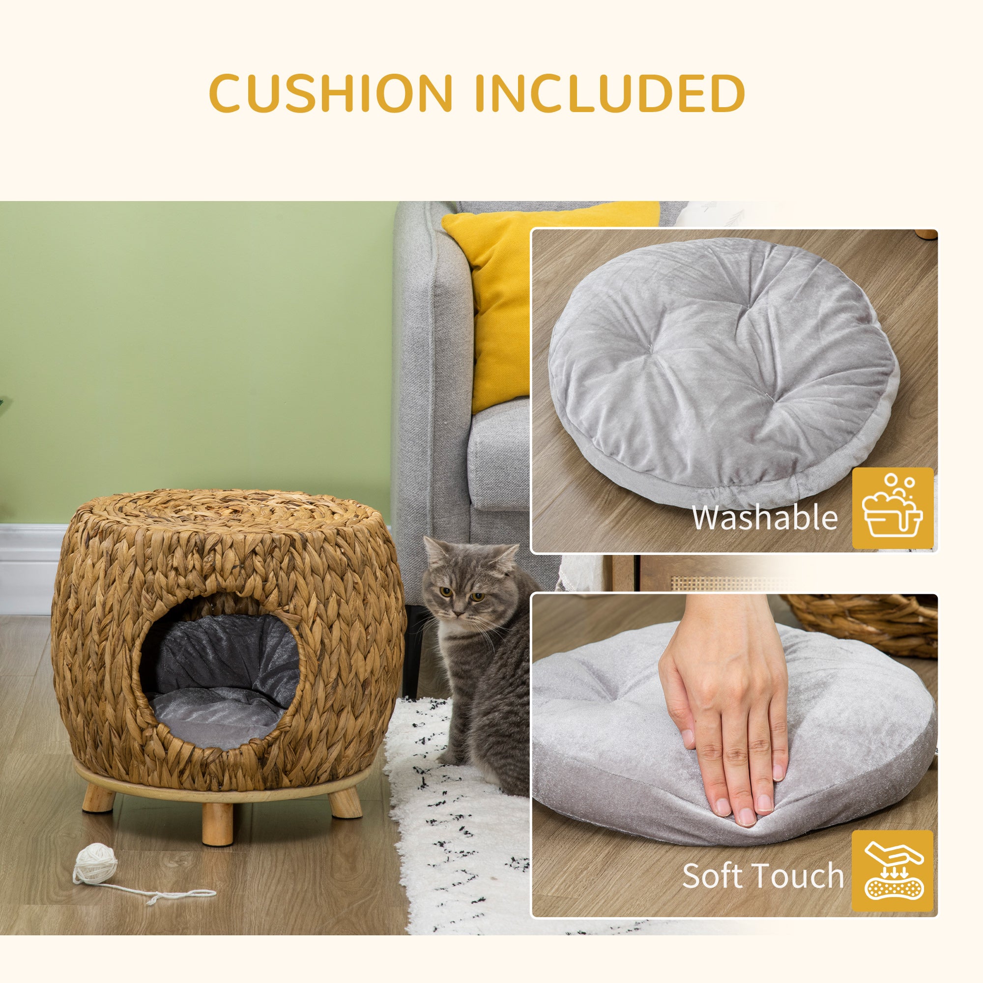 PawHut Wicker Cat Bed Cat House Stool with Washable Cushion, 44 x 43 x 41cm - North Peak Garden Furniture