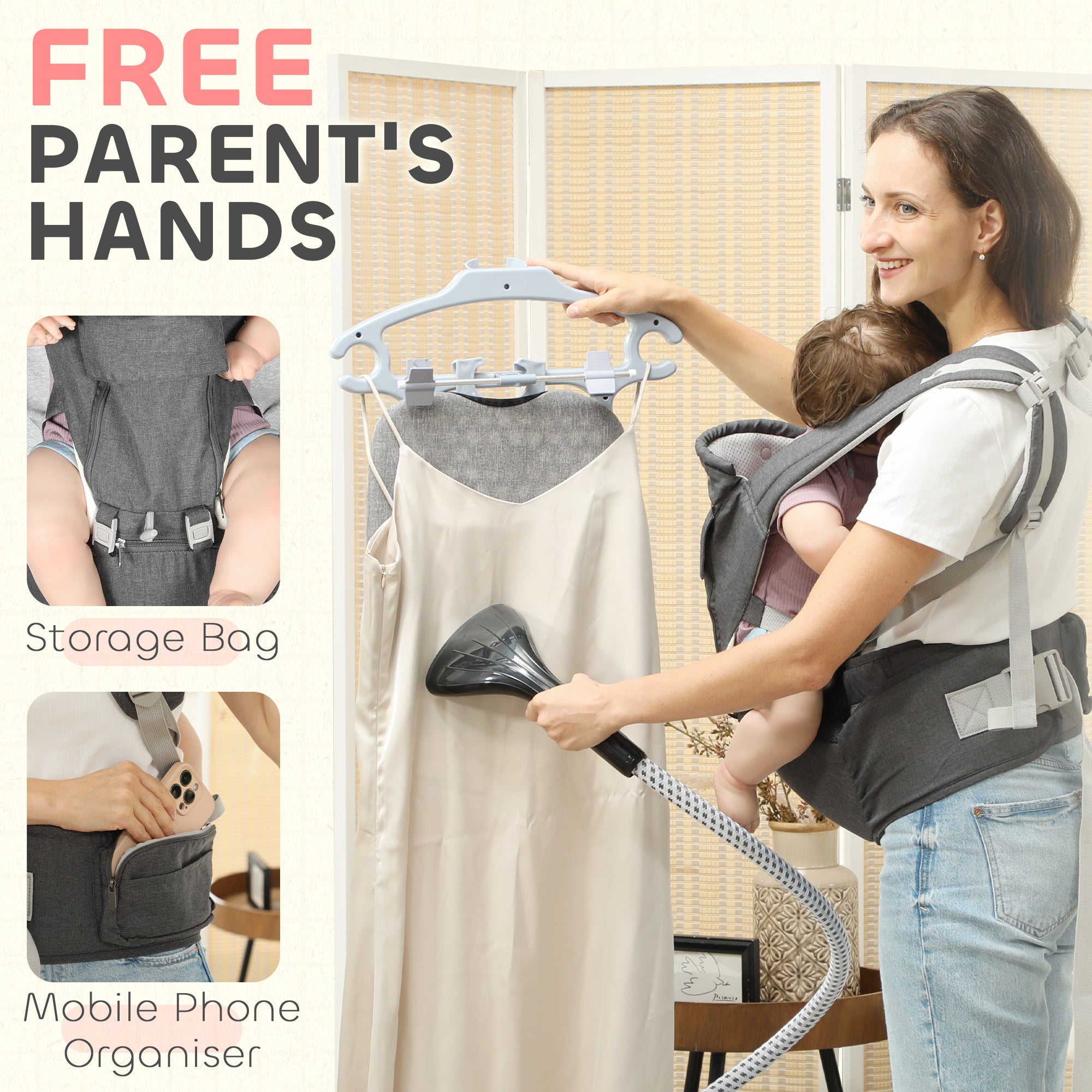 AIYAPLAY 6-in-1 Baby Carrier for Newborns-Toddlers, with Removable Seat, for Ages 0-36 Months, Up to 15kg, Grey - North Peak Garden Furniture