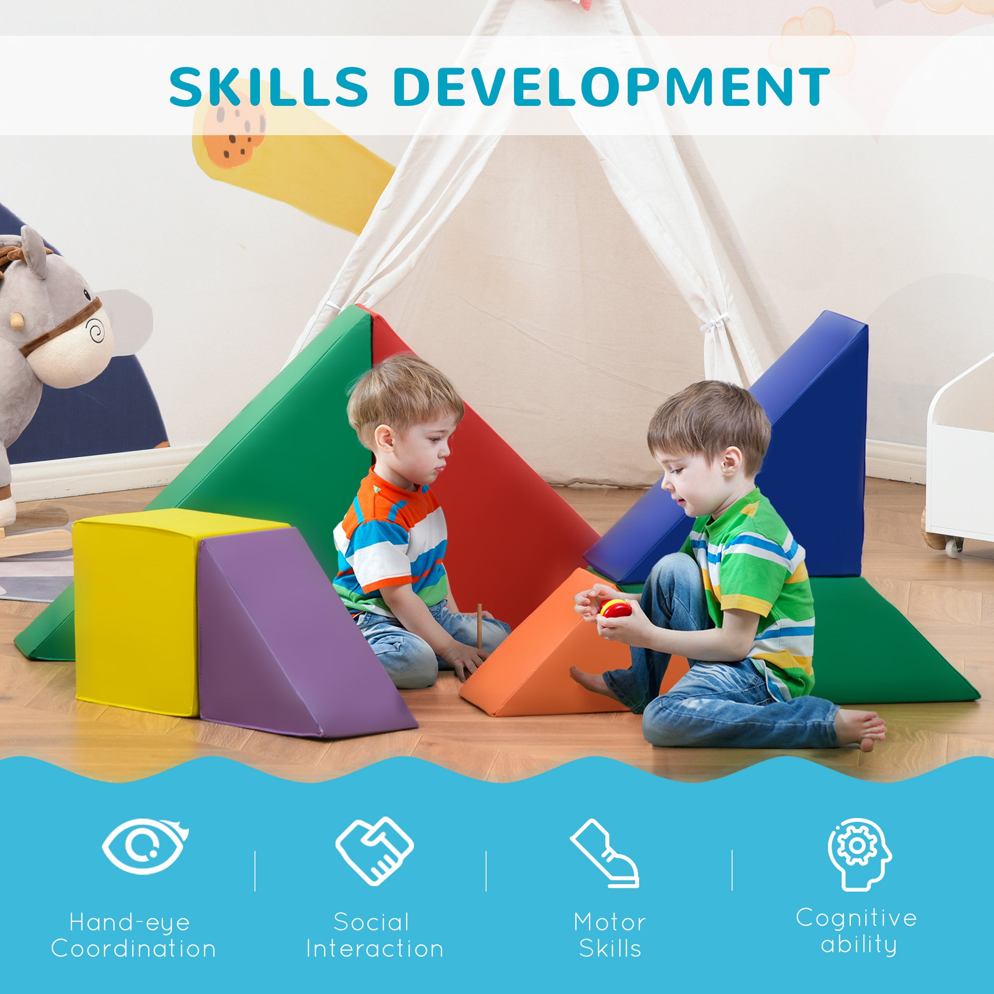 HOMCOM 7 Piece Kids Soft Foam Puzzle Play Set Interlocking Toddler Learning Blocks Comfortable Safe Floor Indoor Outdoor Active Play Structure - North Peak Garden Furniture