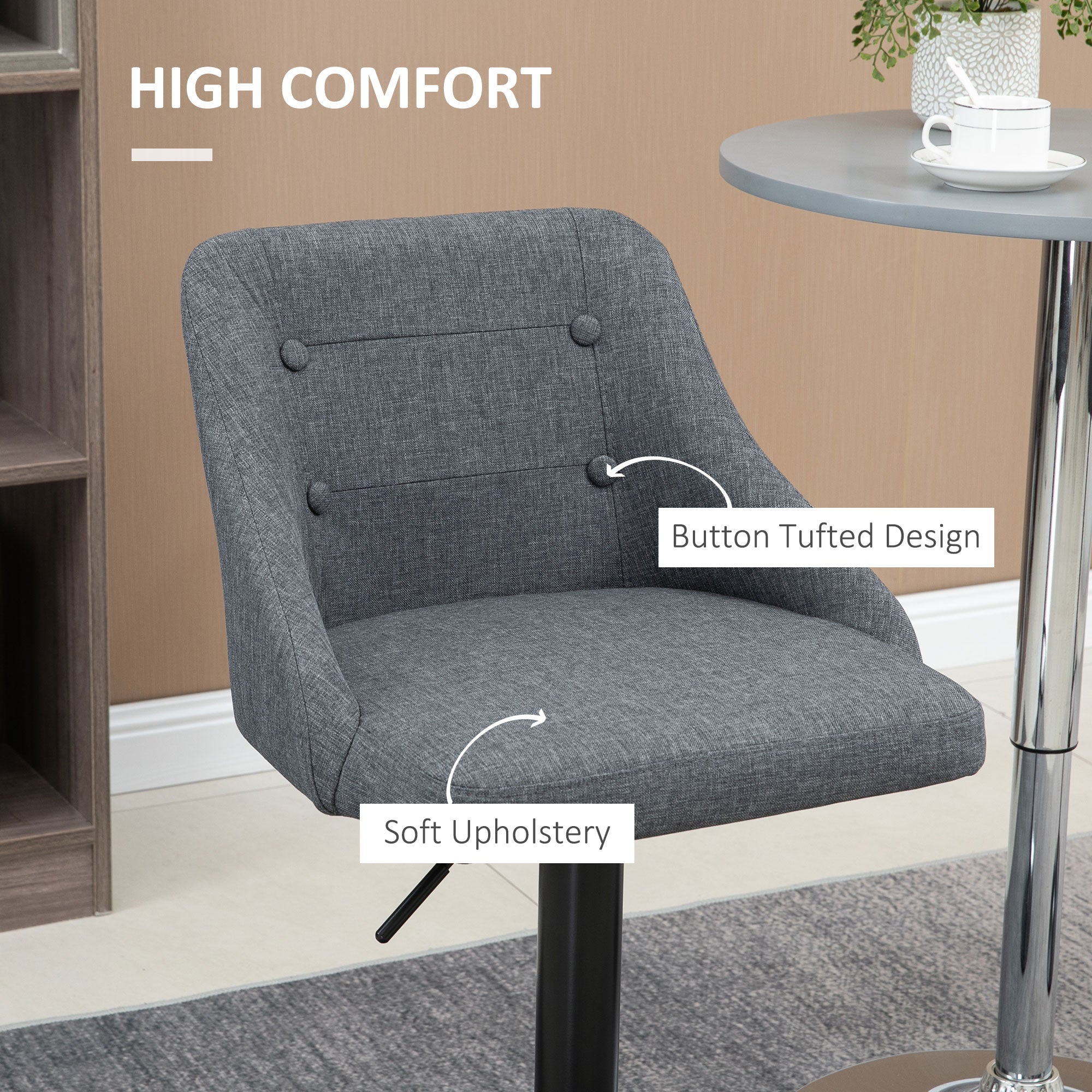 HOMCOM Modern Adjustable Bar Stools Set of 2, Swivel Fabric Barstools with Footrest, Armrests and Back, for Kitchen Counter and Dining Room, Dark Grey - North Peak Garden Furniture