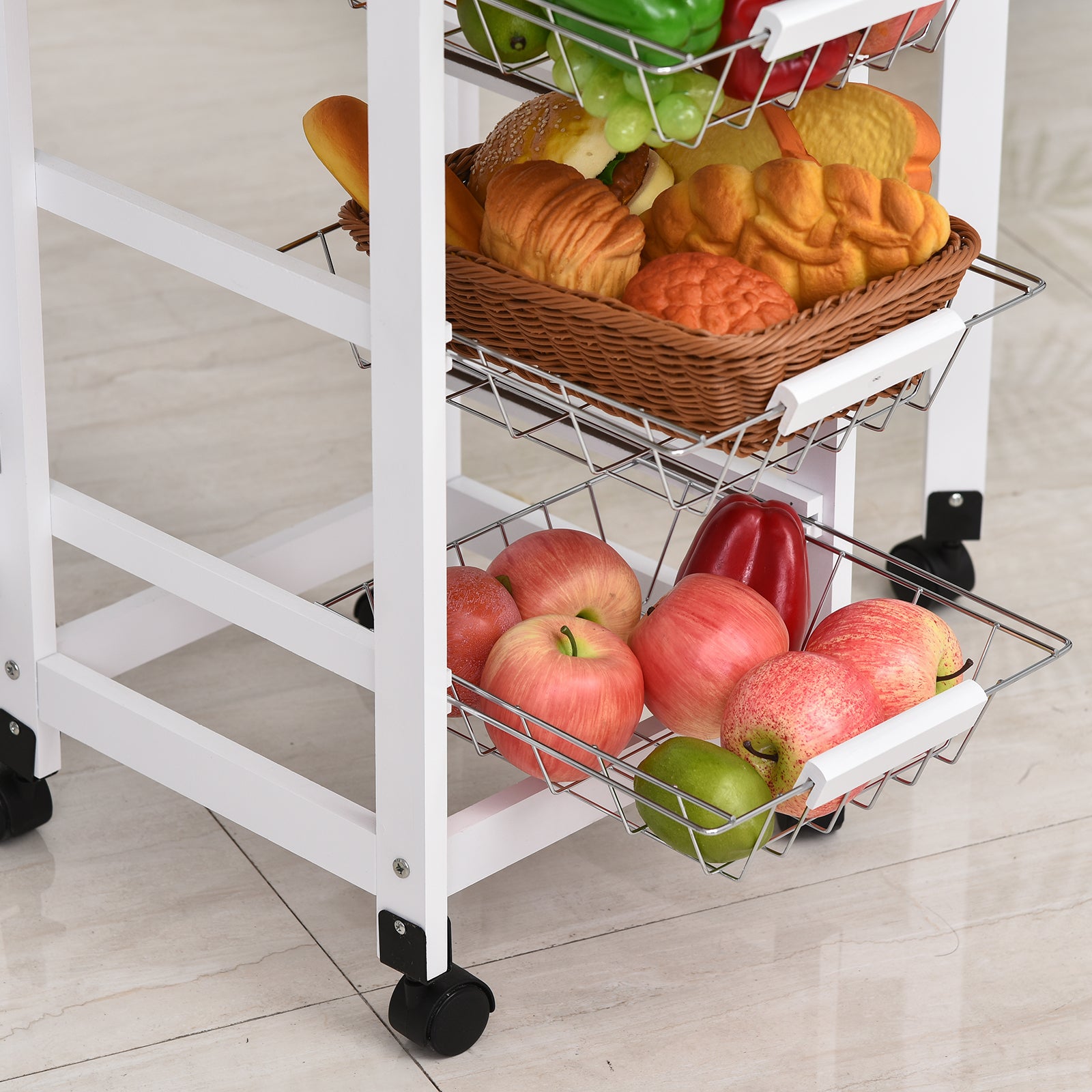 HOMCOM Drop-Leaf Kitchen Cart Trolley w/ 3 Baskets Drawer Surface Top 6 Universal Wheels Rolling Storage Unit Kitchen Home Dining Island White Oak Tone - North Peak Garden Furniture