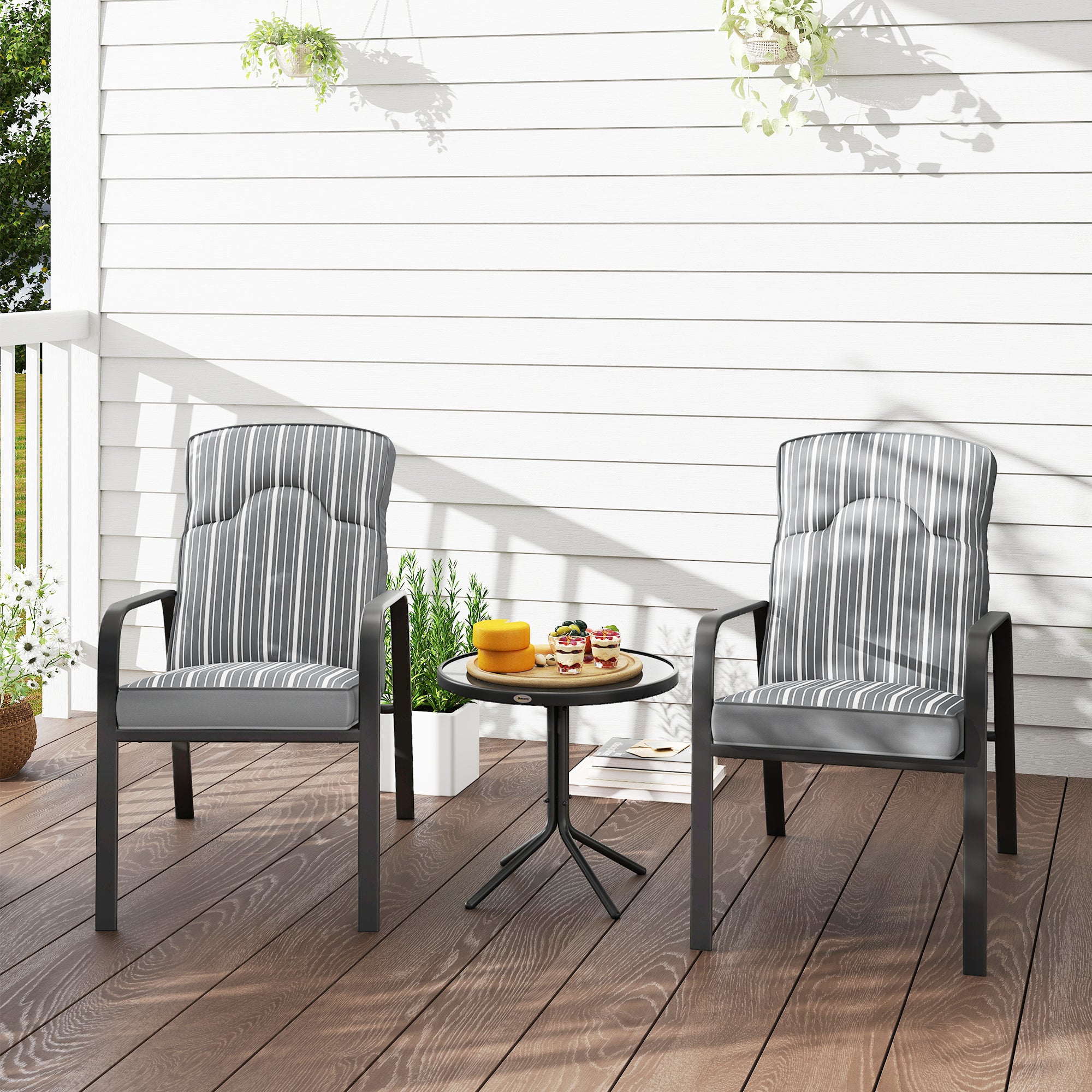 Outsunny 3-Piece Patio Bistro Set, 5-Position Adjustable Recliner Garden Chairs and Tempered Glass Table, Garden Furniture Set with Cushions, High Back, Armrests, Metal Frame for Balcony Patio, Grey - North Peak Garden Furniture