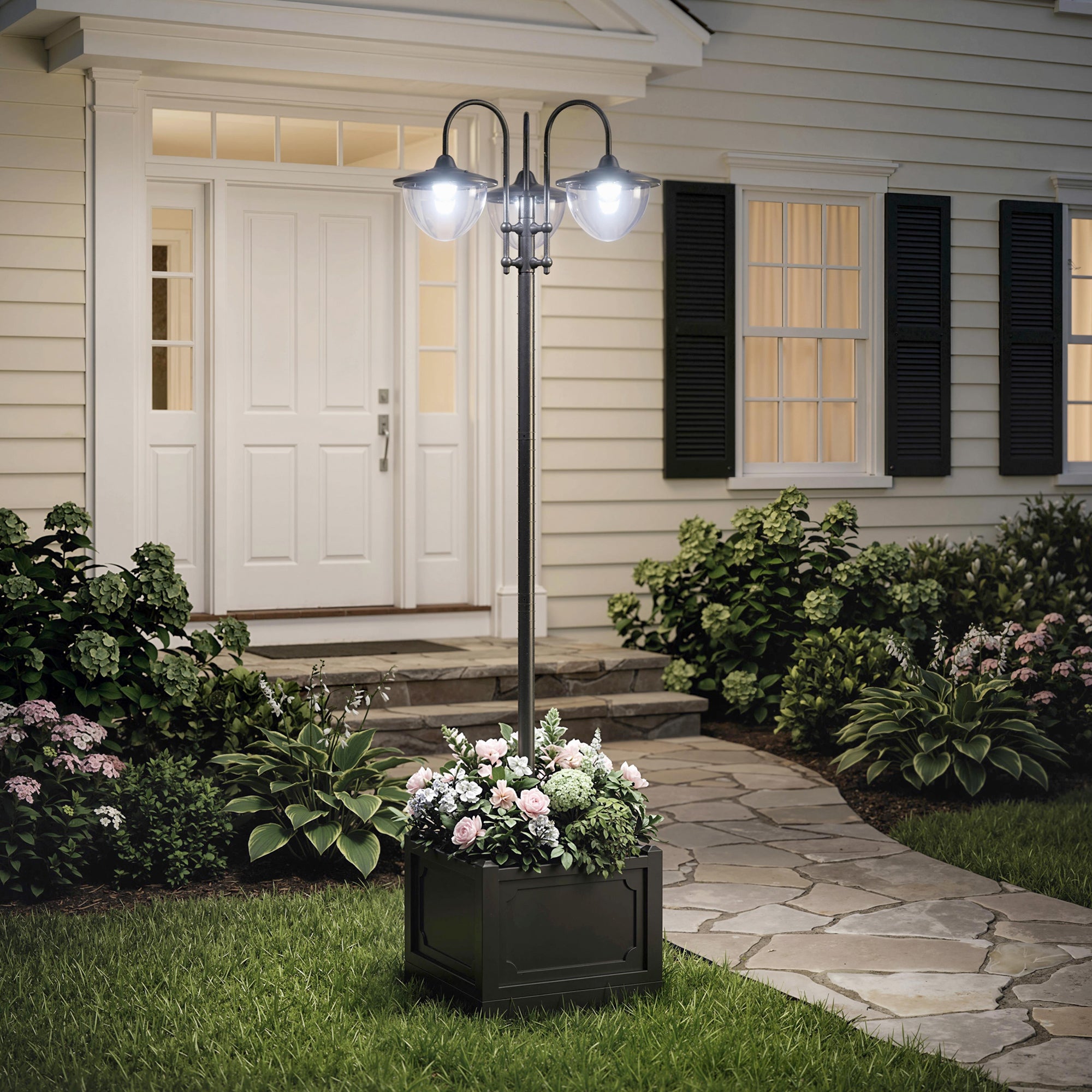Outsunny 189cm 3-head Solar Lamp Post, Street Light with Planter, Automatic-on, 6 Hour Max Outdoor Ready LED Lighting, Black