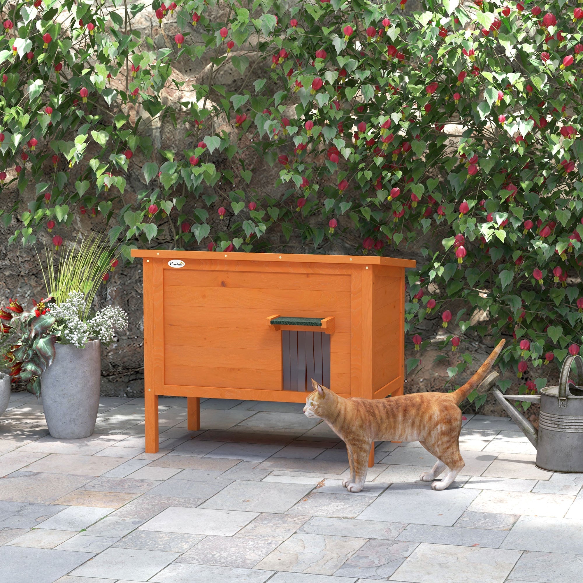 PawHut Feral Cat House, Wooden Insulated with Removable Floor, Water-Resistant Openable Roof - Orange - North Peak Garden Furniture