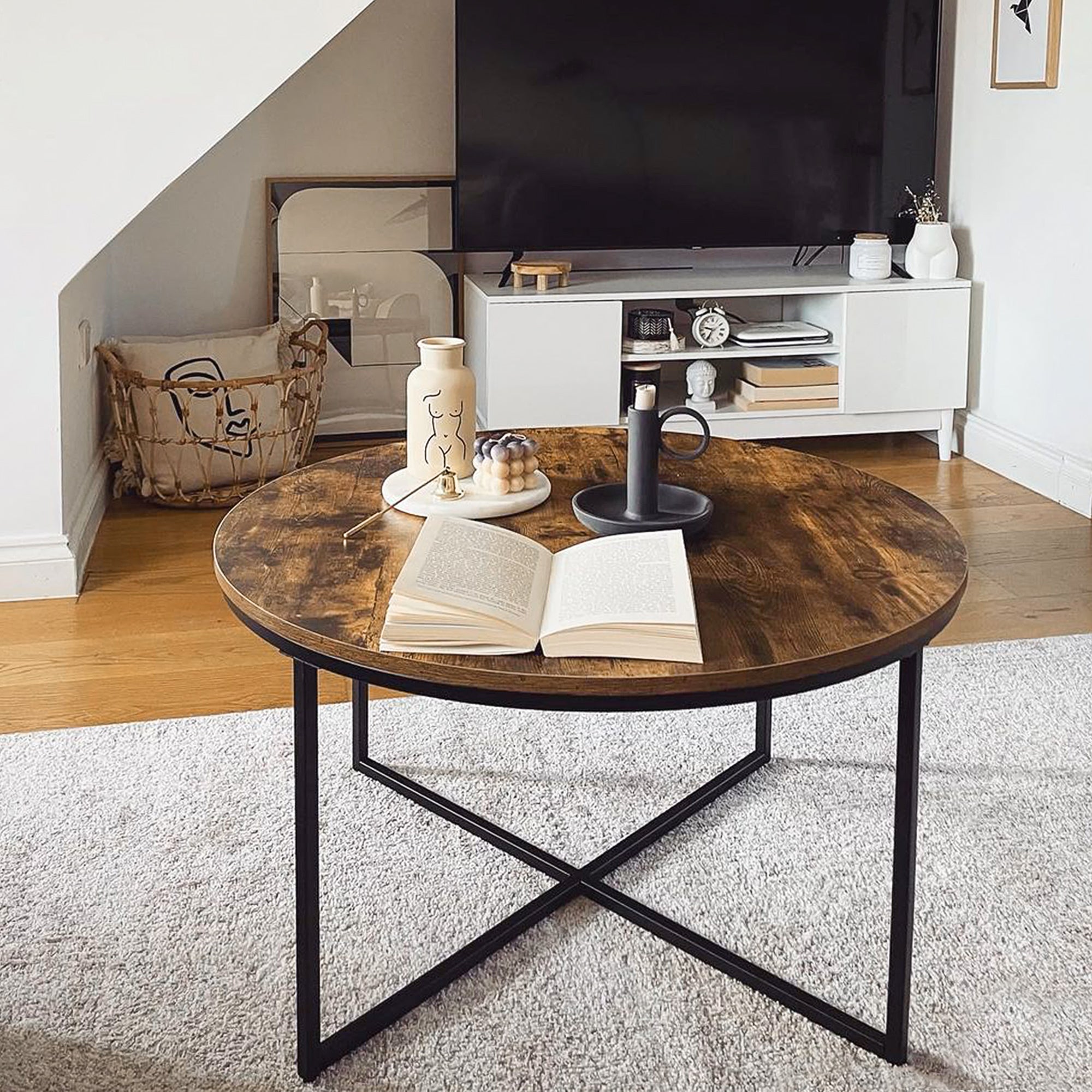 HOMCOM Round Coffee Table, Industrial Side Table with Metal Frame, Large Coffee Tables for Living Room, Bedroom, Rustic Brown - North Peak Garden Furniture