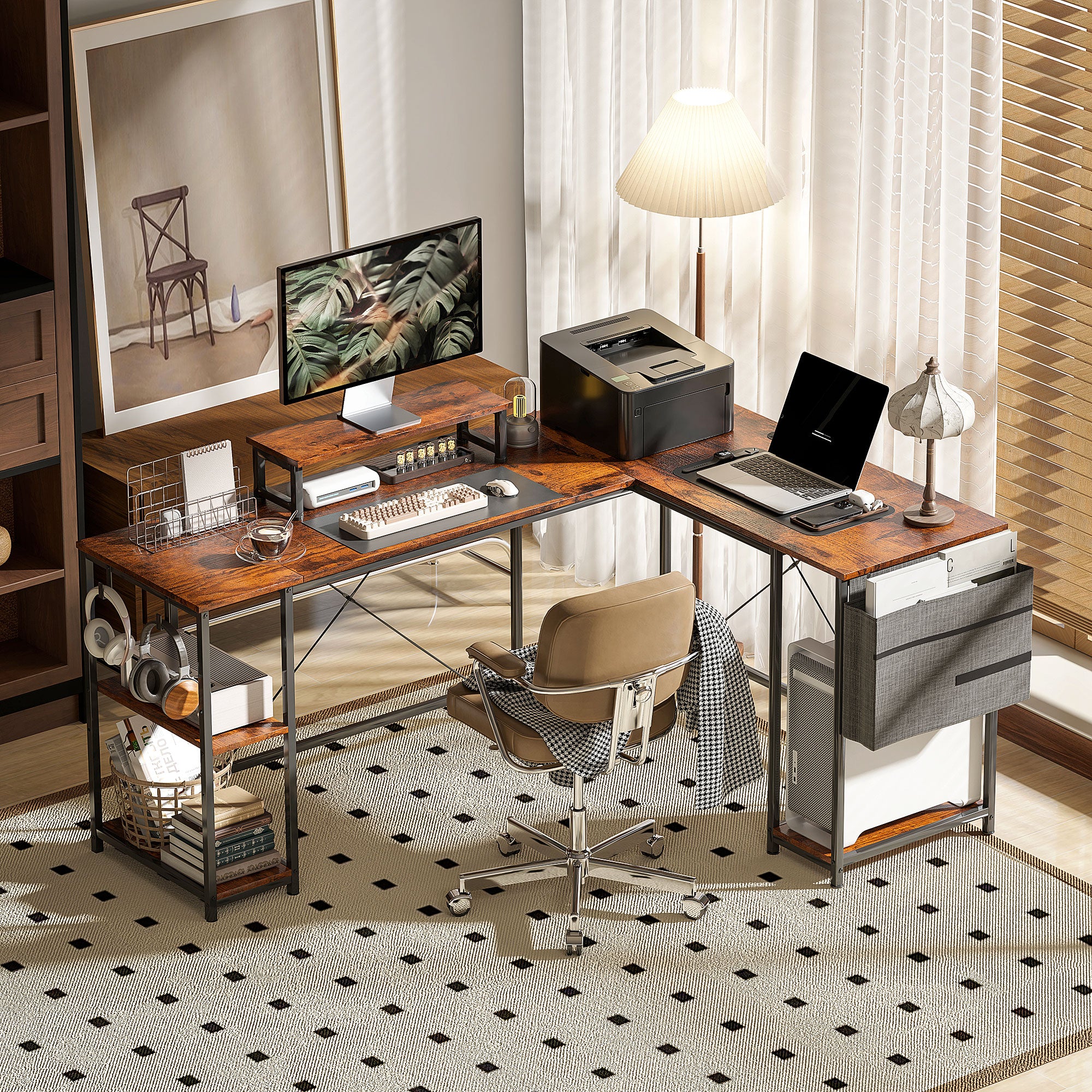 HOMCOM 168cm Reversible L Shaped Desk, Industrial Corner Computer Desk with Adjustable Shelf and Storage Bag, 240cm 2 Person Desk with Monitor Stand, Rustic Brown - North Peak Garden Furniture