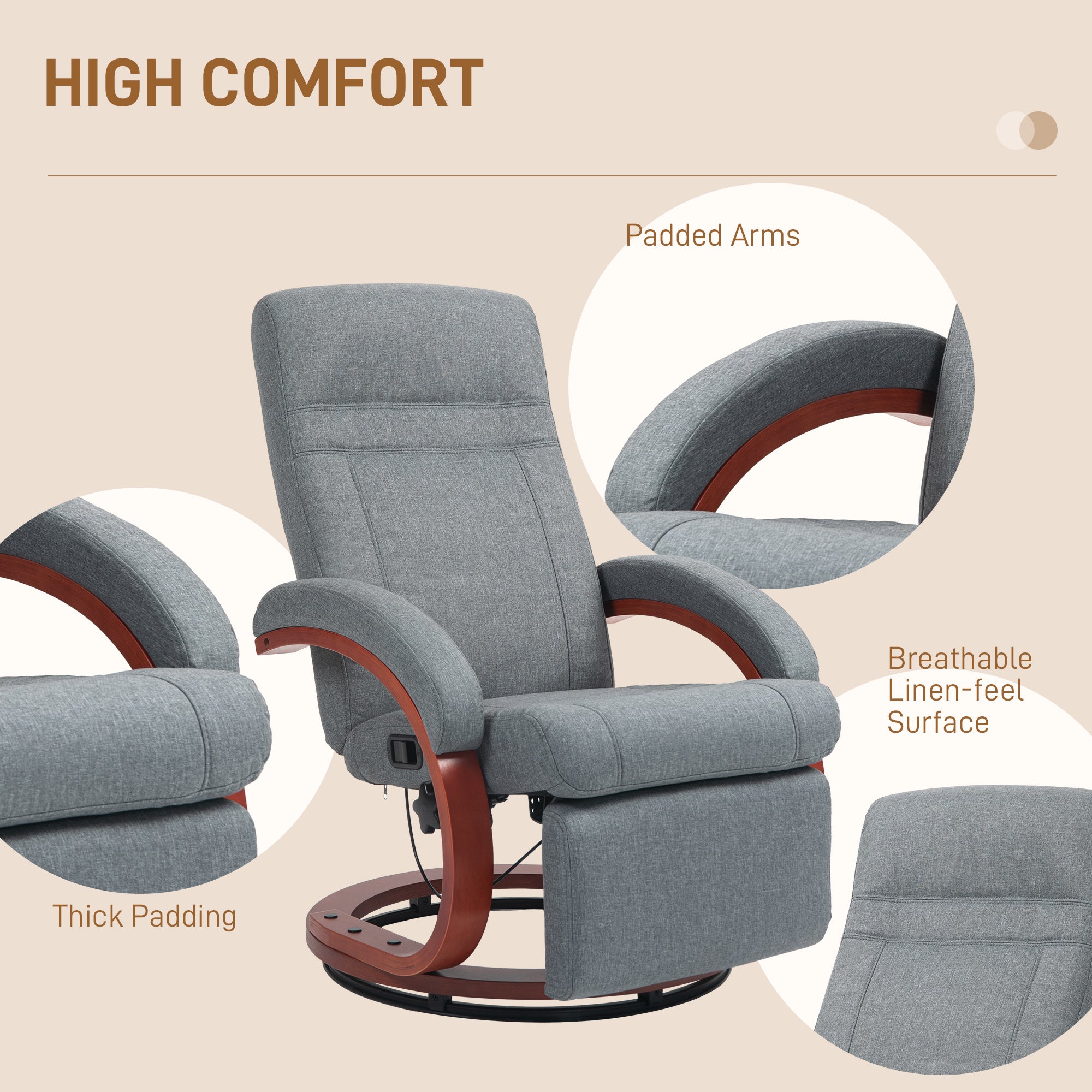 HOMCOM 135° Manual Reclining Swivel Chair, with Footrest - Grey - North Peak Garden Furniture