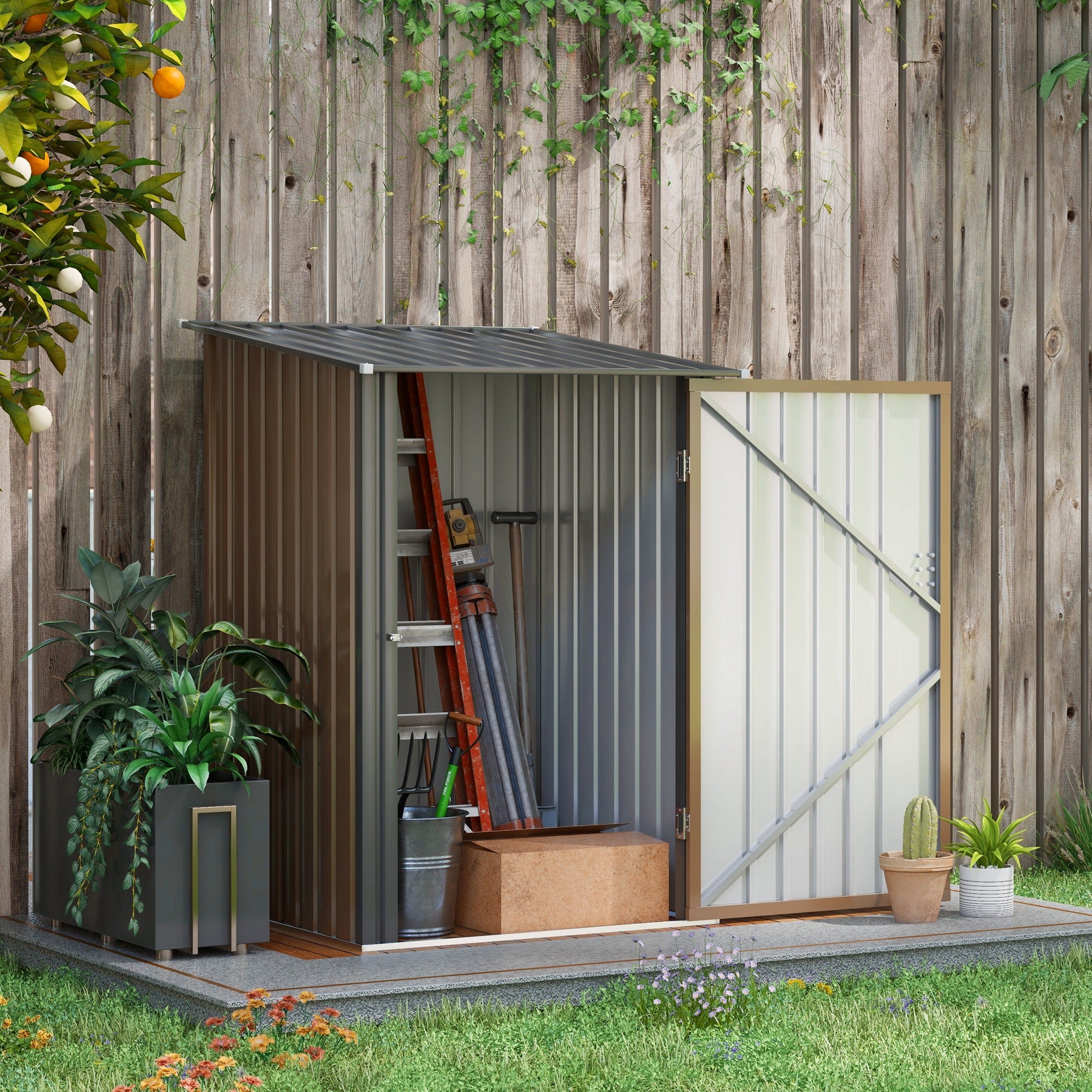Outsunny 3.3 x 3.4ft Lean To Steel Garden Shed, with Locking Door - Brown/Grey - North Peak Garden Furniture