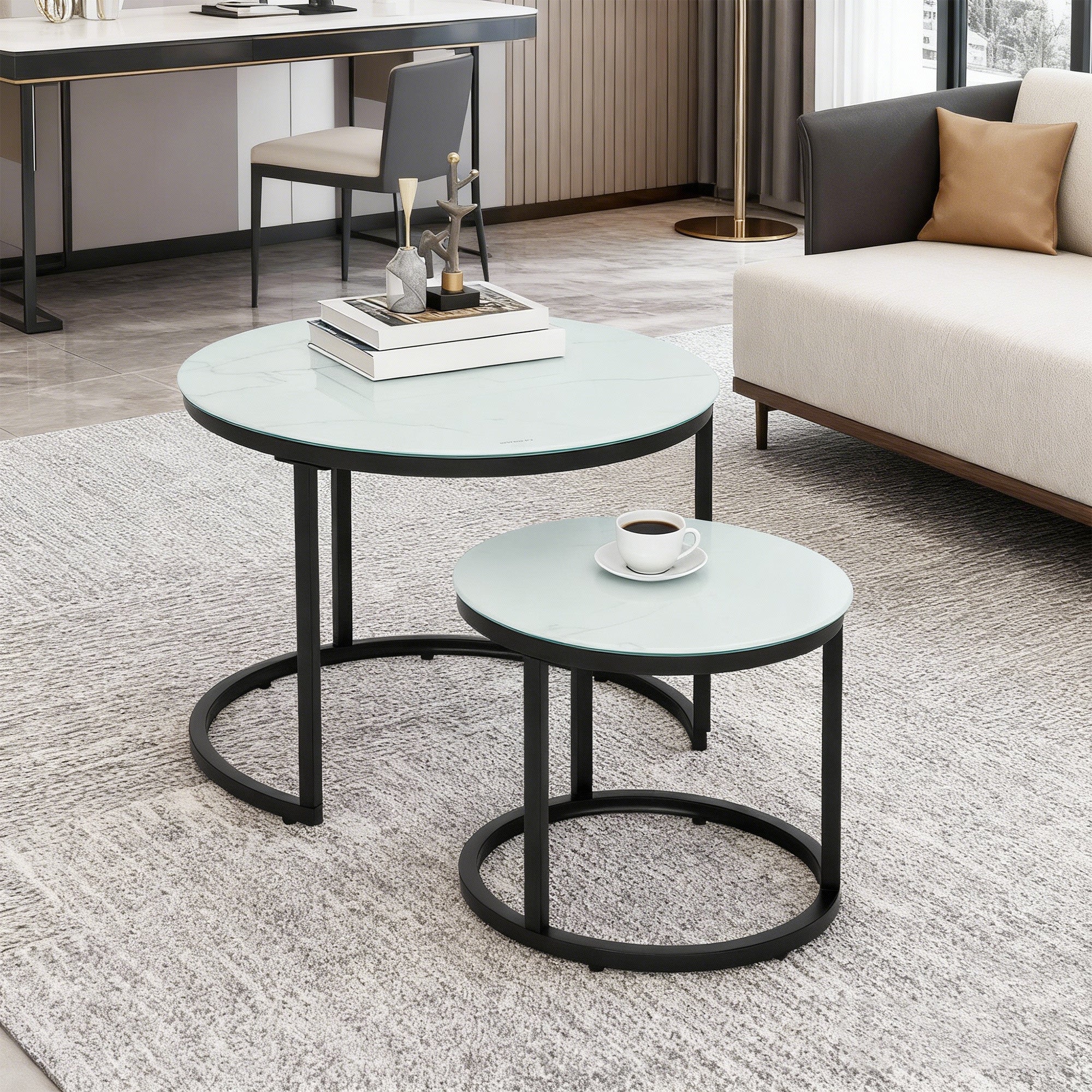 HOMCOM Glass Coffee Table Set of 2, Round Nest of Tables with Marble-Effect Tempered Glass Tabletop and Steel Frame, Modern Side Tables for Living Room, White