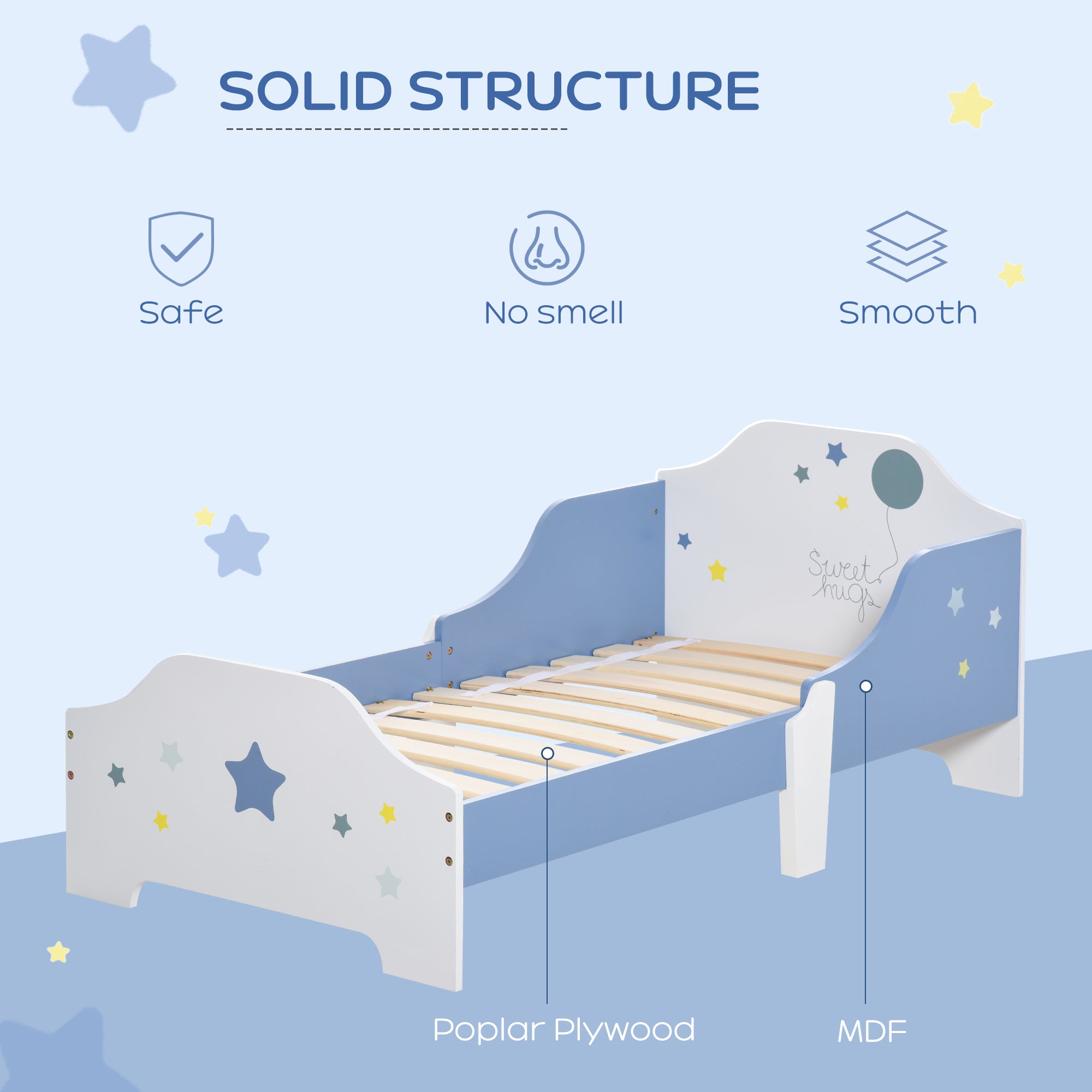 HOMCOM Toddler Bed Frame, Kids Bedroom Furniture for Boys Girls with Safe Guardrails, Low Junior Blue - North Peak Garden Furniture