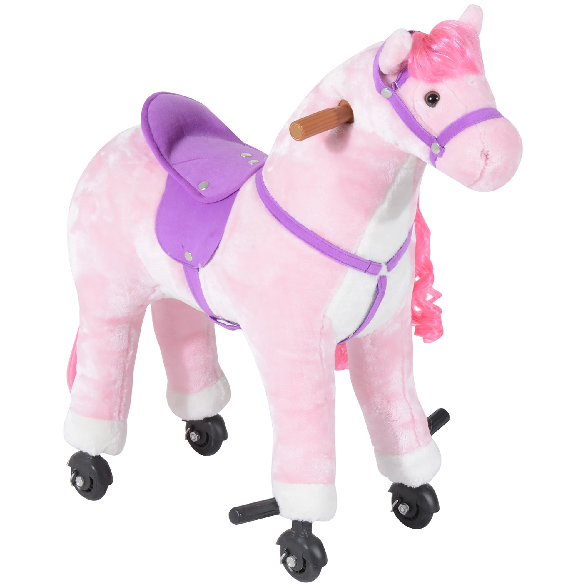 HOMCOM Plush Walking Horse Ride On Toy with Wheels and Realistic Sounds Rocking Horse for Girls Boys 3+ Years Old, 50cm Tall, Pink