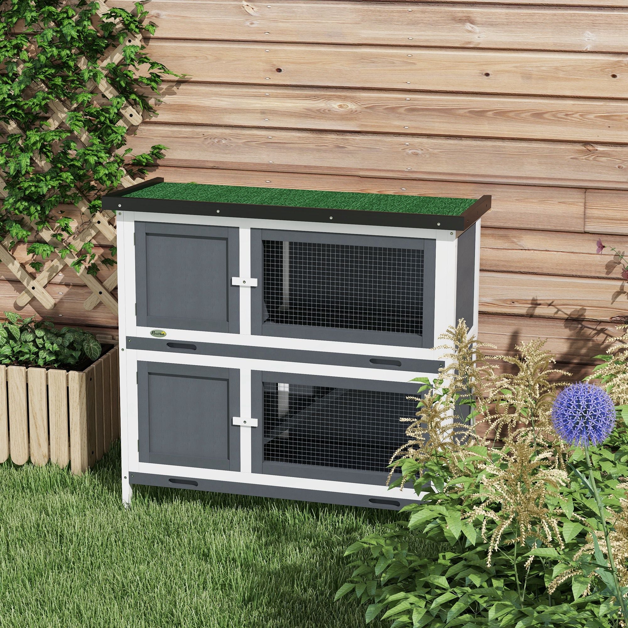 PawHut Double Decker Rabbit Hutch 2 Tier Guinea Pig House Pet Cage Outdoor with Sliding-out Tray, 100 x 47 x 91cm, Grey - North Peak Garden Furniture