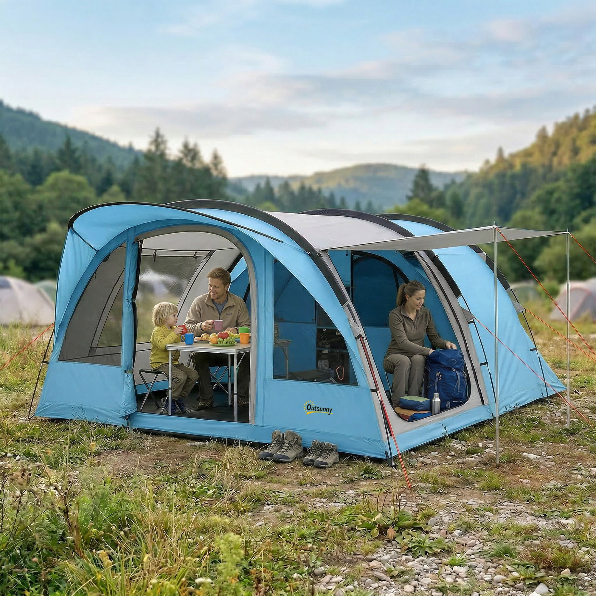 Outsunny 4 Person Easy Setup Family Camping Tent with 2 Rooms, Waterproof Tunnel Tent w/ Sewn In Groundsheet, Sky Blue & Grey