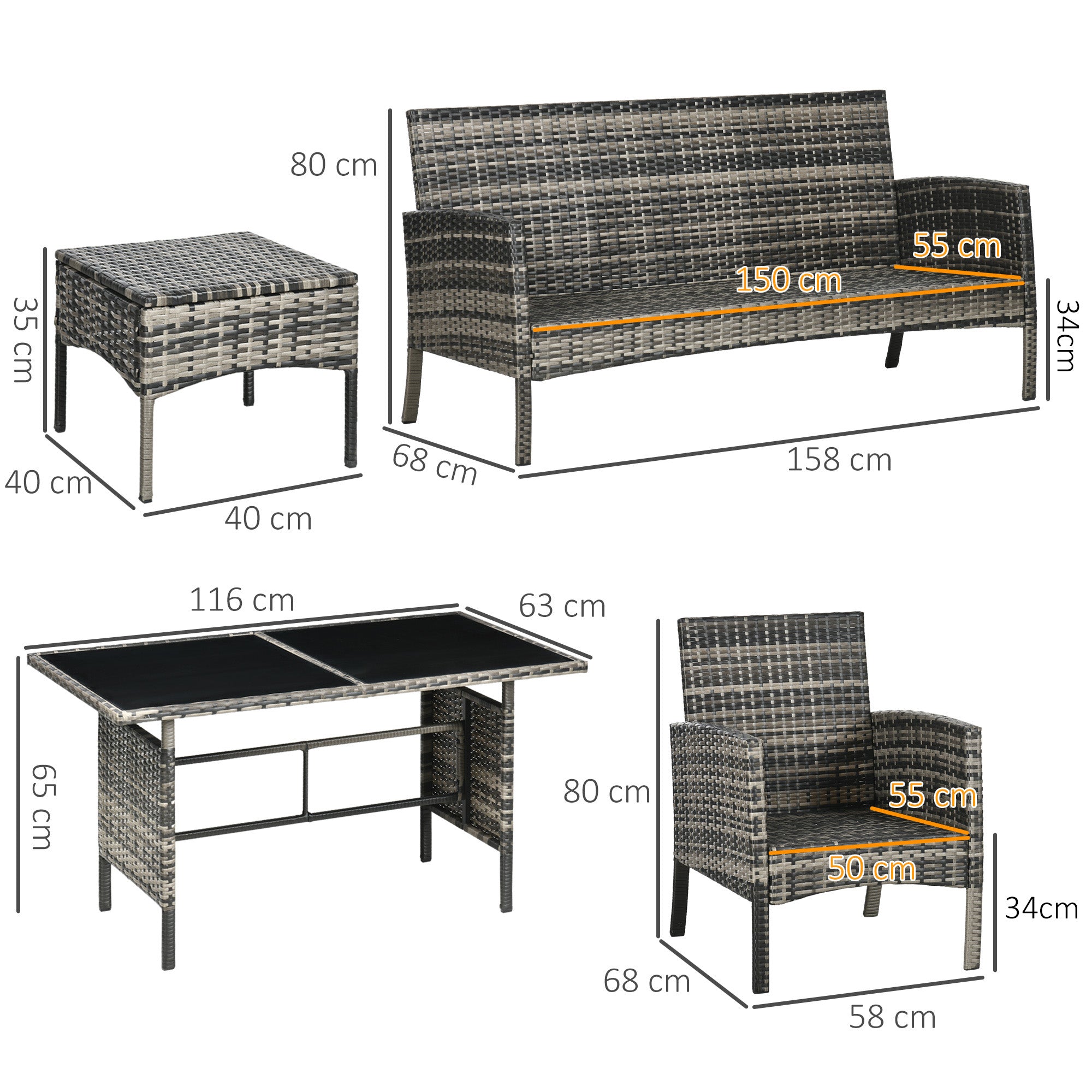 Outsunny 5 Seater Rattan Garden Furniture Set, 2 Armchairs, 3-seater Wicker Sofa, 2 Footstools and Glass Table, 6 Piece Patio Rattan furniture Sofa Sets with Cushions for Conservatory, Grey - North Peak Garden Furniture
