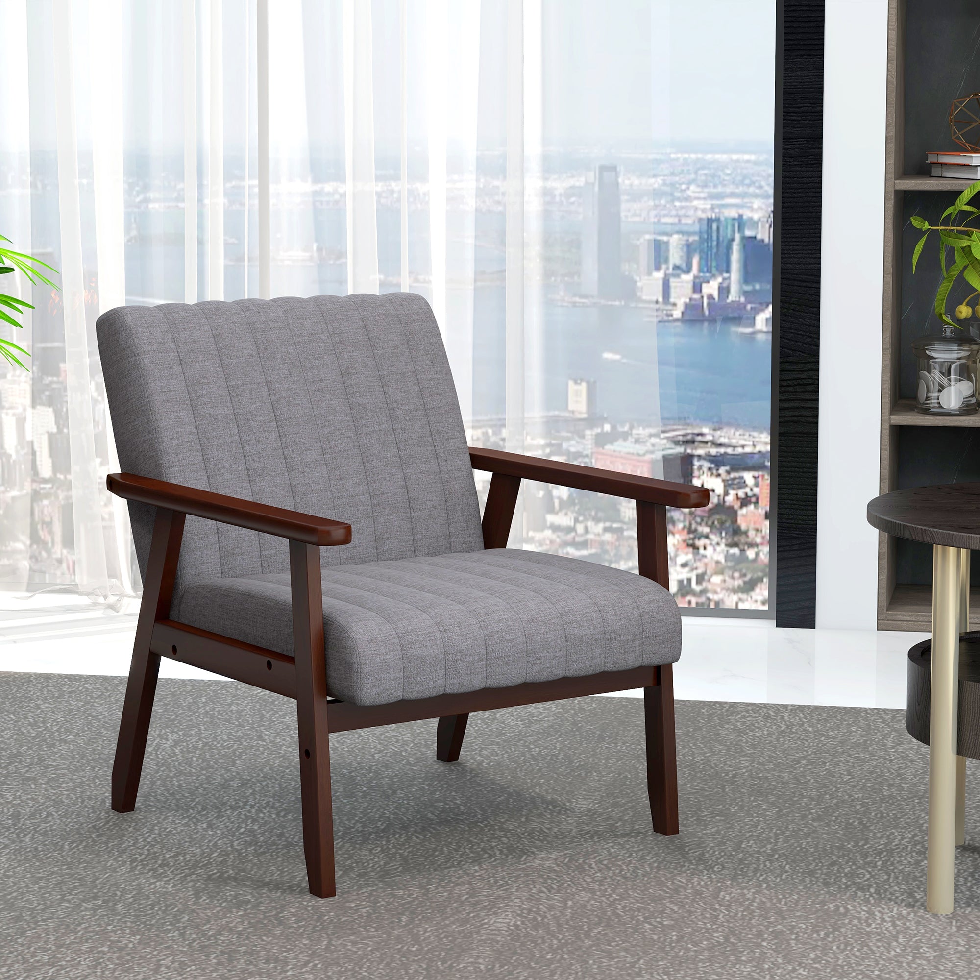 HOMCOM Mid Century Accent Chair, with Wooden Legs - Grey