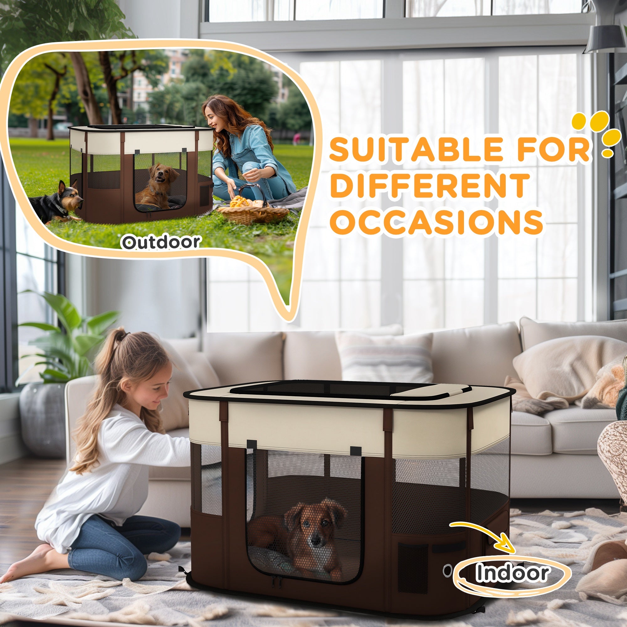PawHut Foldable Dog Pen with Storage Bag for Indoor/Outdoor Use, Portable Pet playpen, with Ground Stakes - Brown - North Peak Garden Furniture