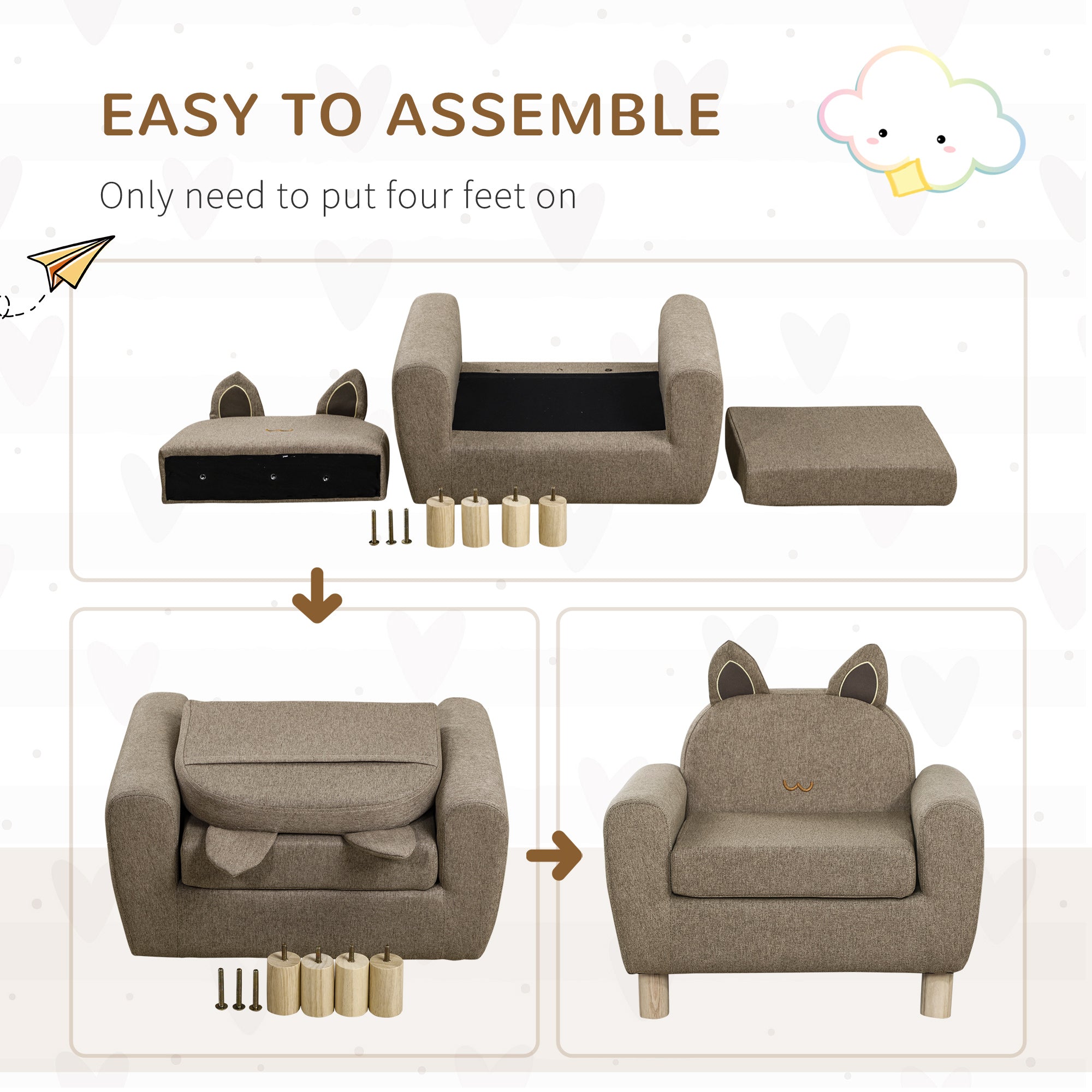 HOMCOM Kids Sofa Toddler Chair Children Armchair for Preschool Bedroom Playroom with Ear Modeling Wood Brown - North Peak Garden Furniture