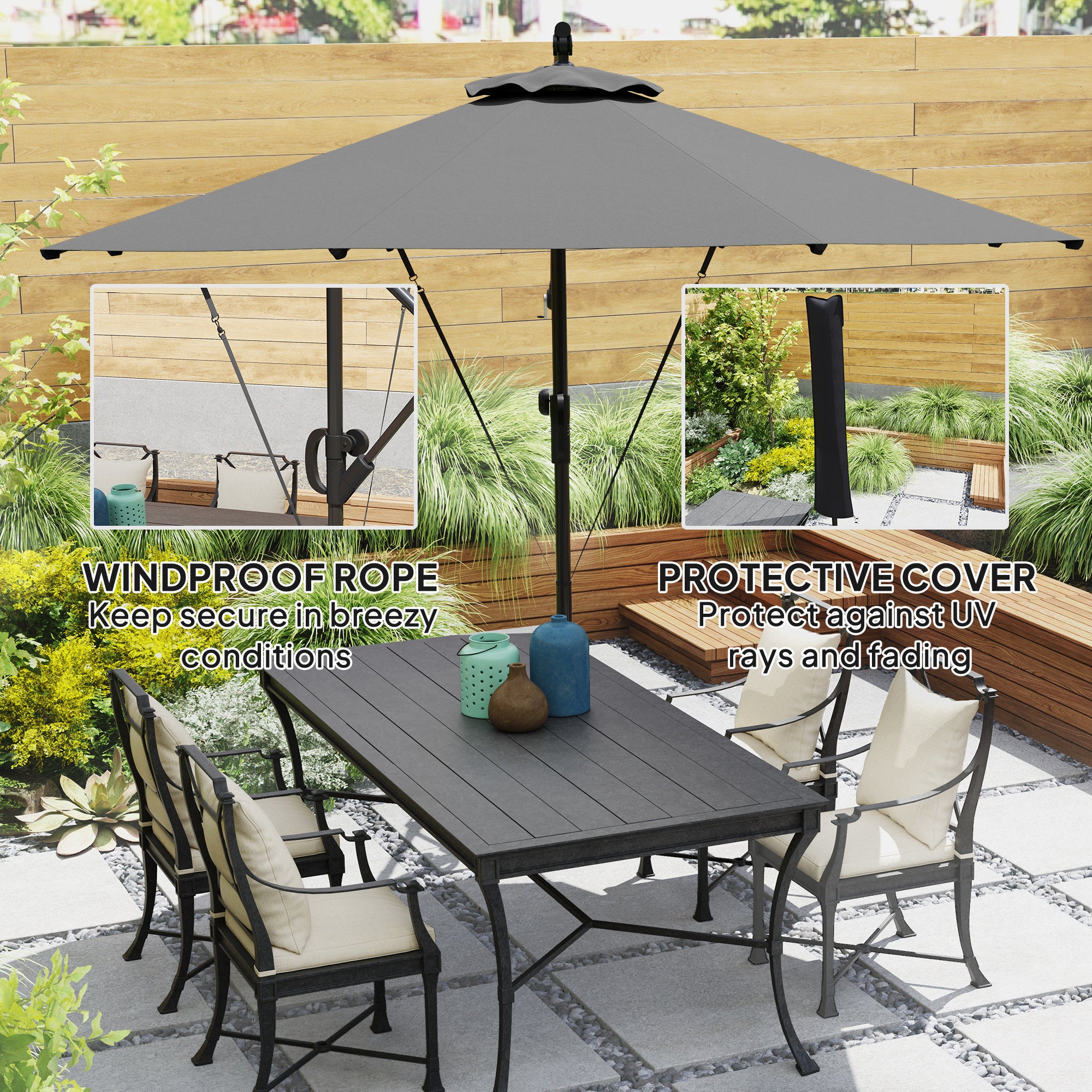 Outsunny 3(m) Garden Cantilever Parasol with Cover and Wind Protection Strap, Round Overhanging Umbrella with Crank Handle and Tilt, Banana Patio Umbrella for Outdoor Sun Shade, UPF50+, Grey - North Peak Garden Furniture
