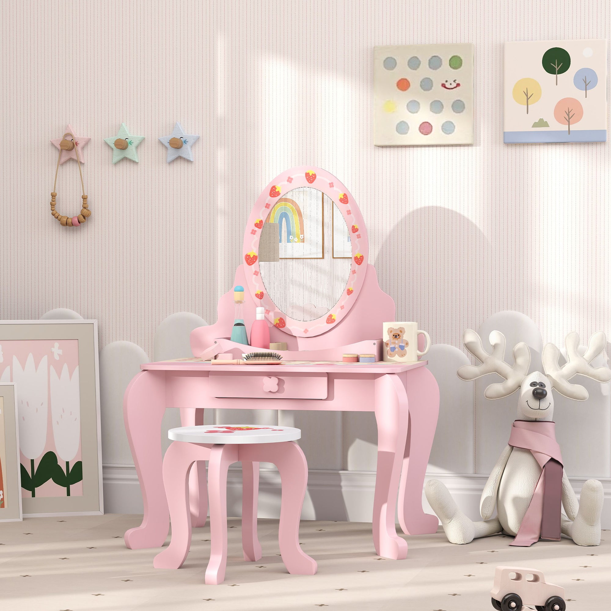 AIYAPLAY Kids Dressing Table Set, Vanity Table with Stool, Mirror, Drawer, Desktop Storage, Strawberry Theme, Pink - North Peak Garden Furniture