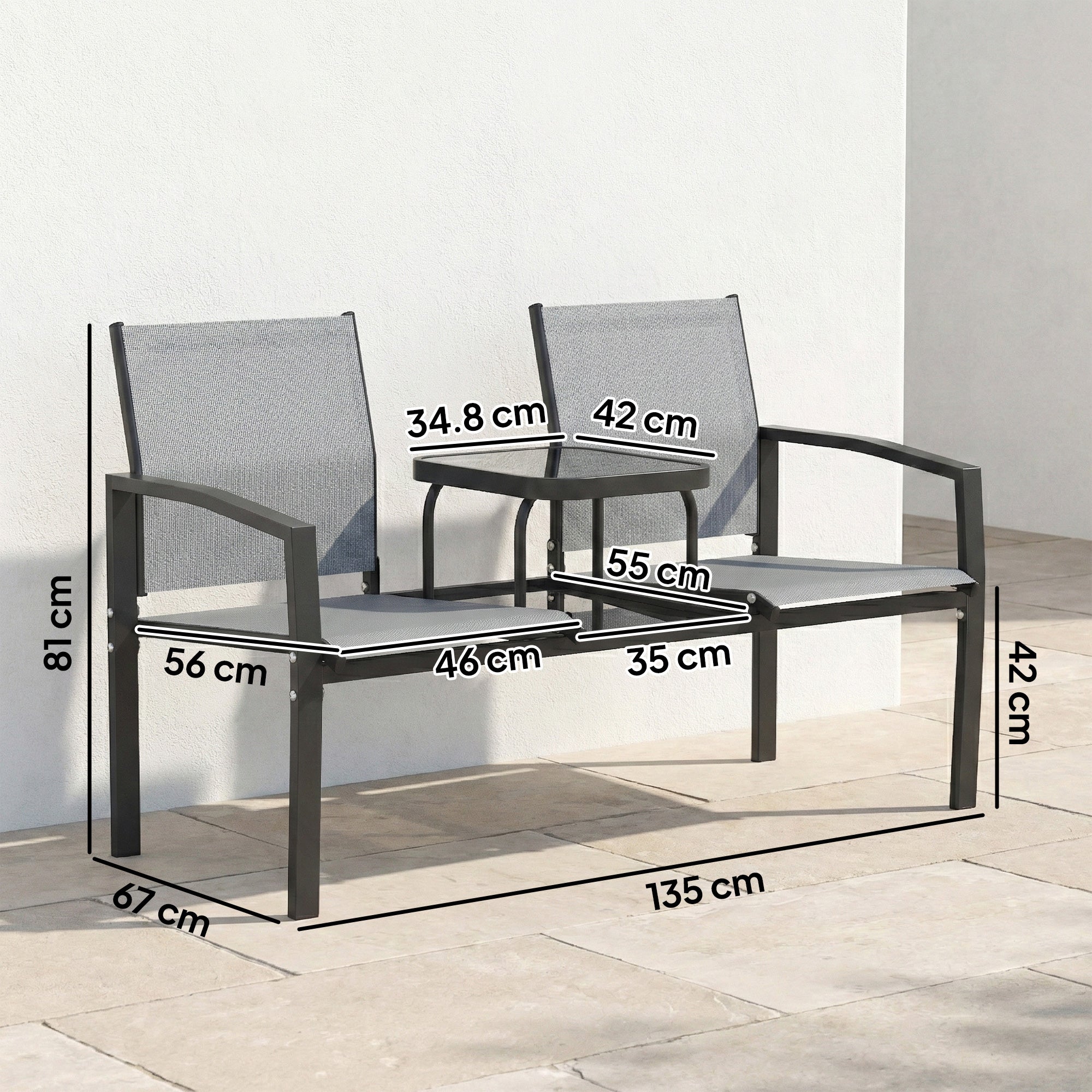 Outsunny Garden Love Seat, 2 Seater Jack and Jill Loveseat Companion Seat with 2-Tier Glass Table, Breathable Texteline, Grey