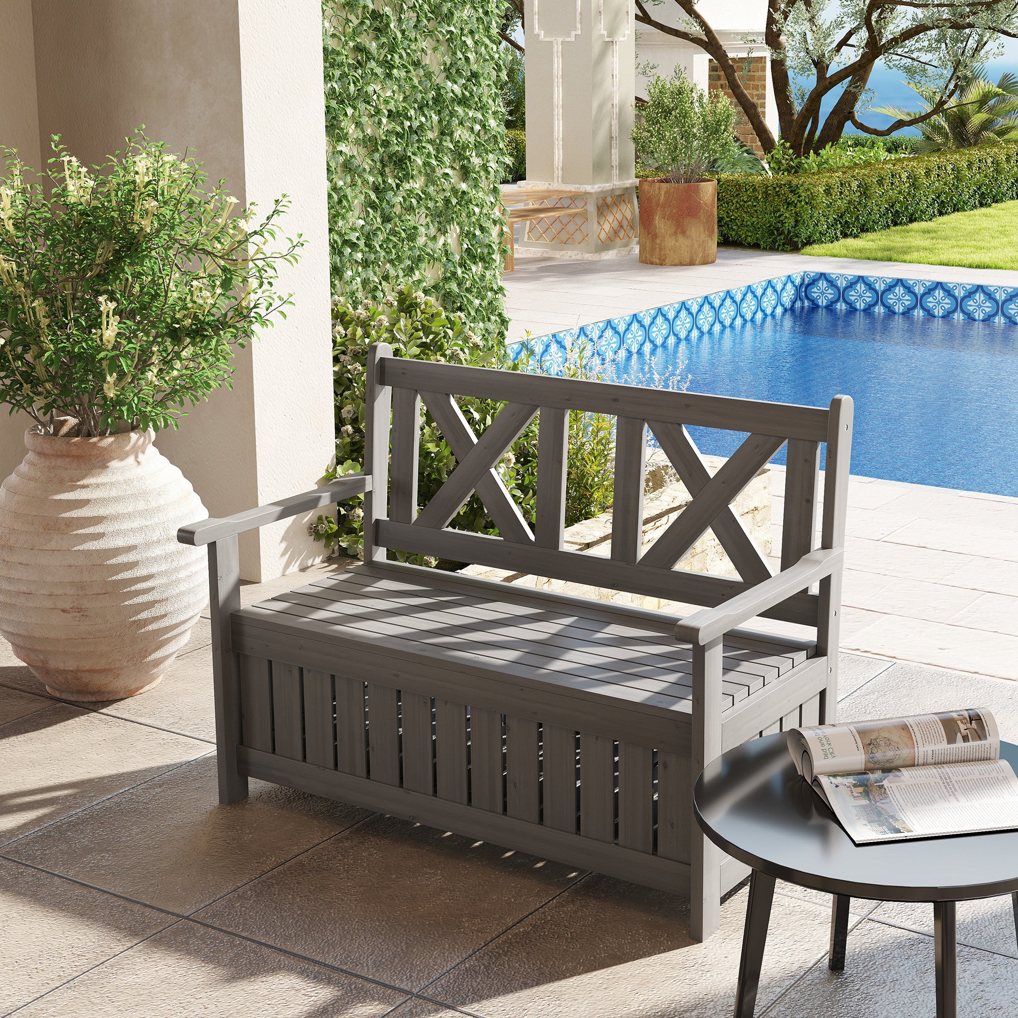 Outsunny 2-Seater Garden Storage Bench for Patio Wood Porch Decor Outdoor Seating, Charcoal Grey - North Peak Garden Furniture