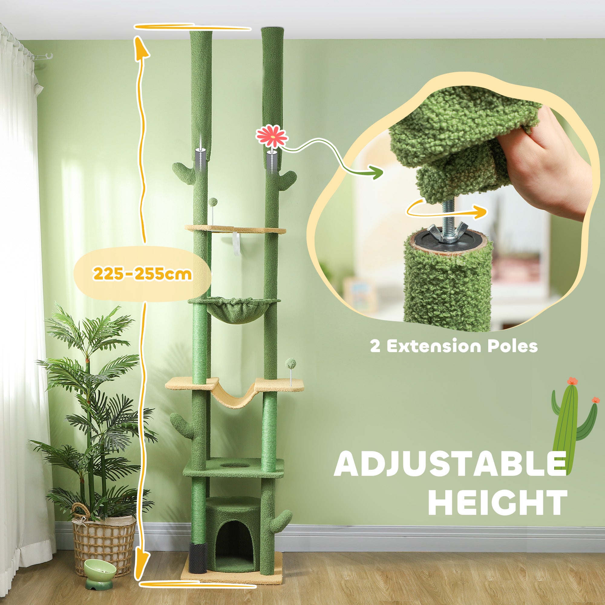 PawHut 225-255cm Height Adjustable Floor to Ceiling Cat Tree, Tall Cat Tower for Indoor Cats w/ Scratching Posts - Green