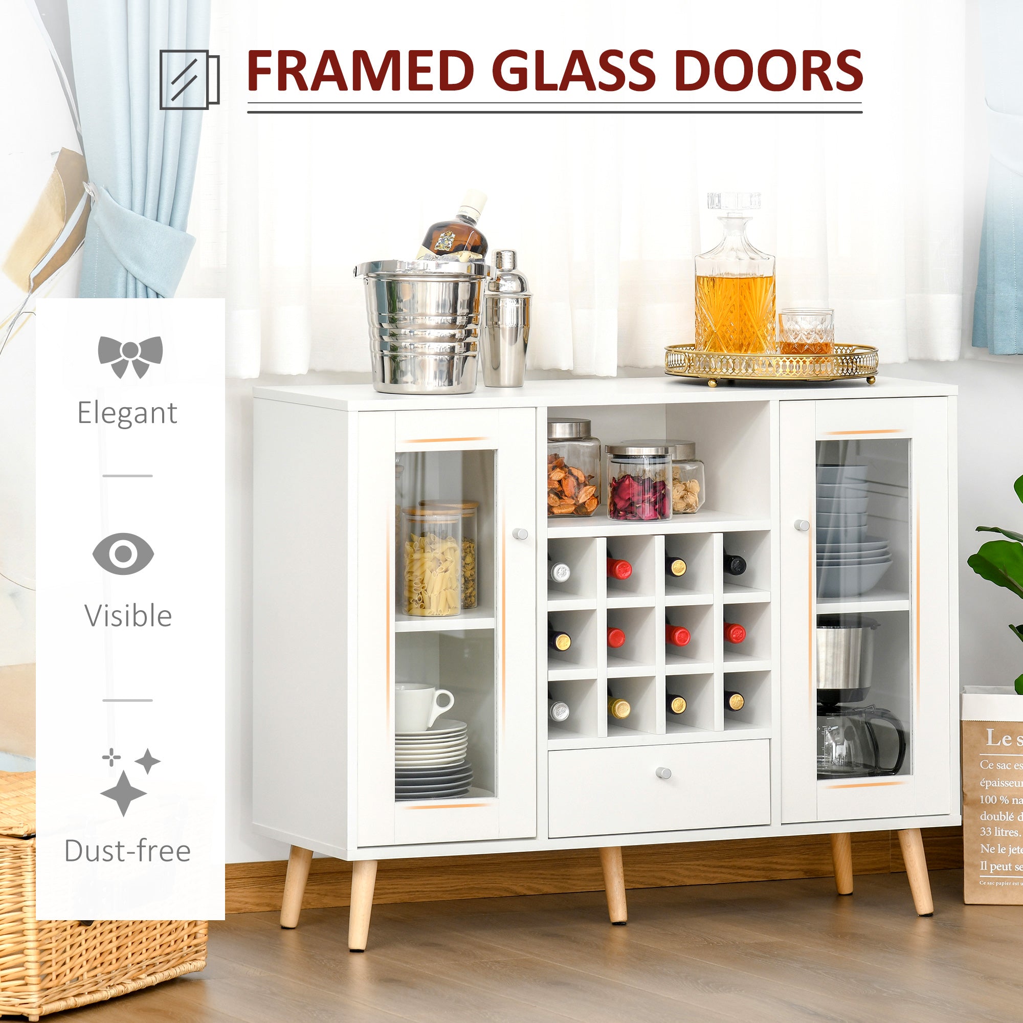 HOMCOM Modern Sideboard Storage Cabinet Kitchen Cupboard Dining Bar Server with Glass Doors, Drawer & 12-Bottle Wine Rack for Living Room, White - North Peak Garden Furniture
