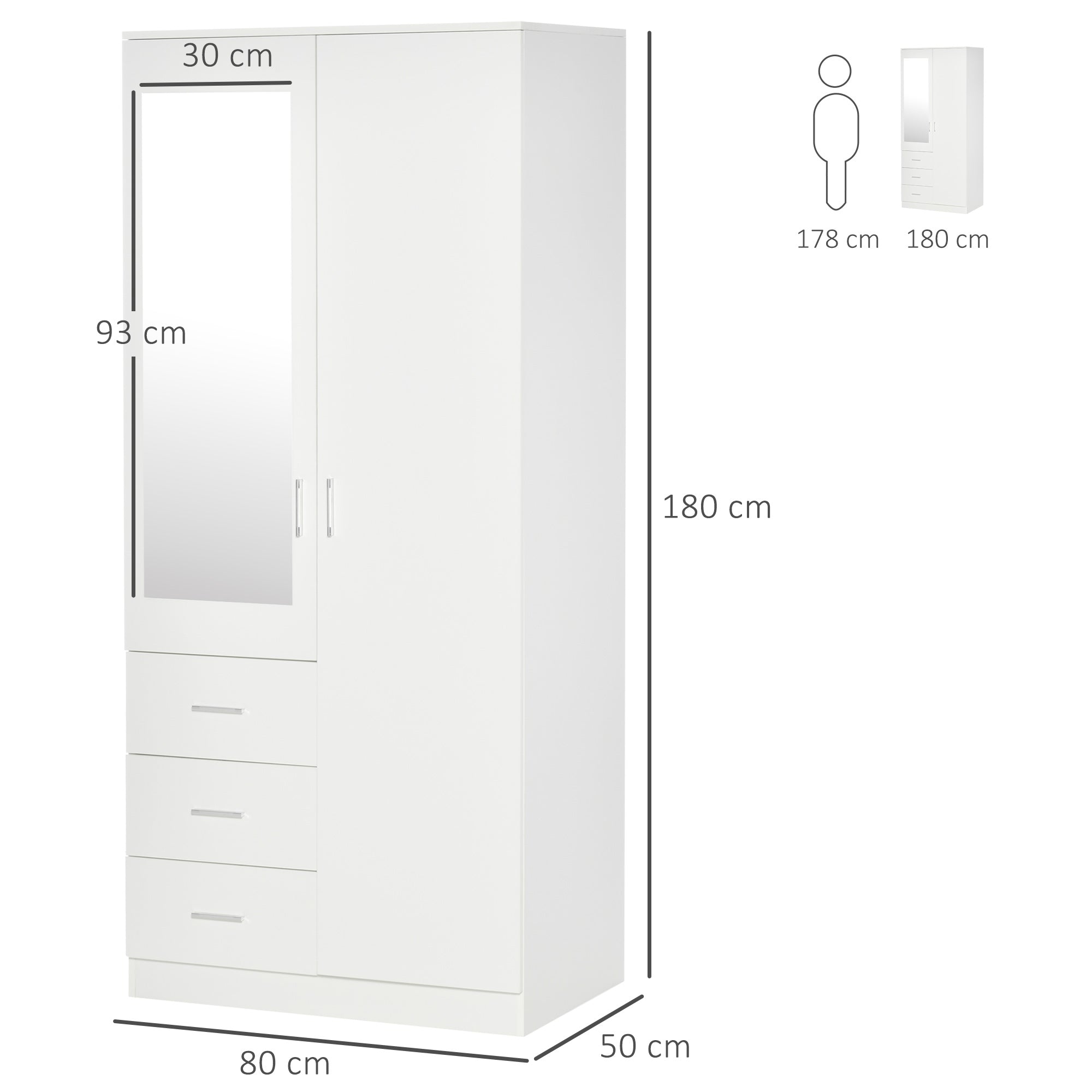 HOMCOM Modern Mirror Wardrobe 2 Door Storage Cupboards Home Storage Organisation Furniture with Adjustable Shelf, Hanging Rail and 3 Drawers, 180cm, White