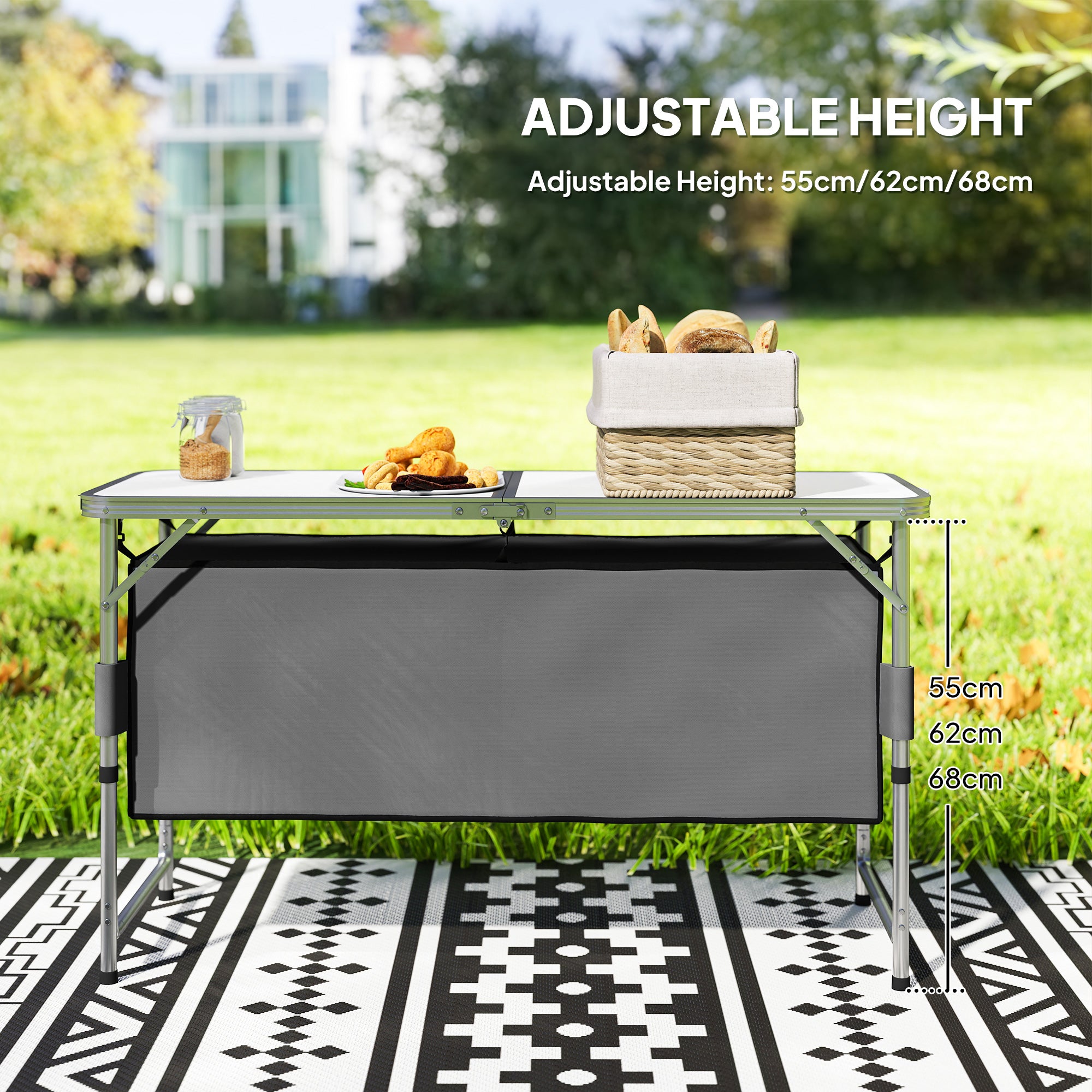 Outsunny 4ft Folding Picnic Table Portable Adjustable Camping Table Aluminum Outdoor Dining w/ Storage Underneath - North Peak Garden Furniture