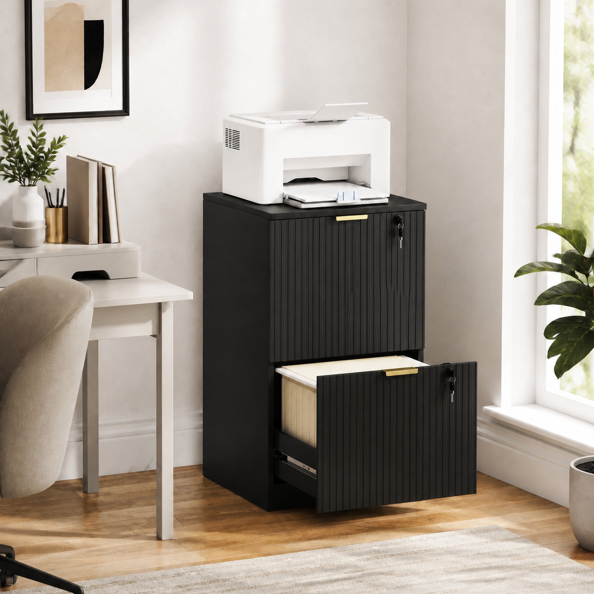 HOMCOM Filing Cabinet, Fluted Vertical File Cabinet with 2 Lockable Drawers and Hanging Rails, Black