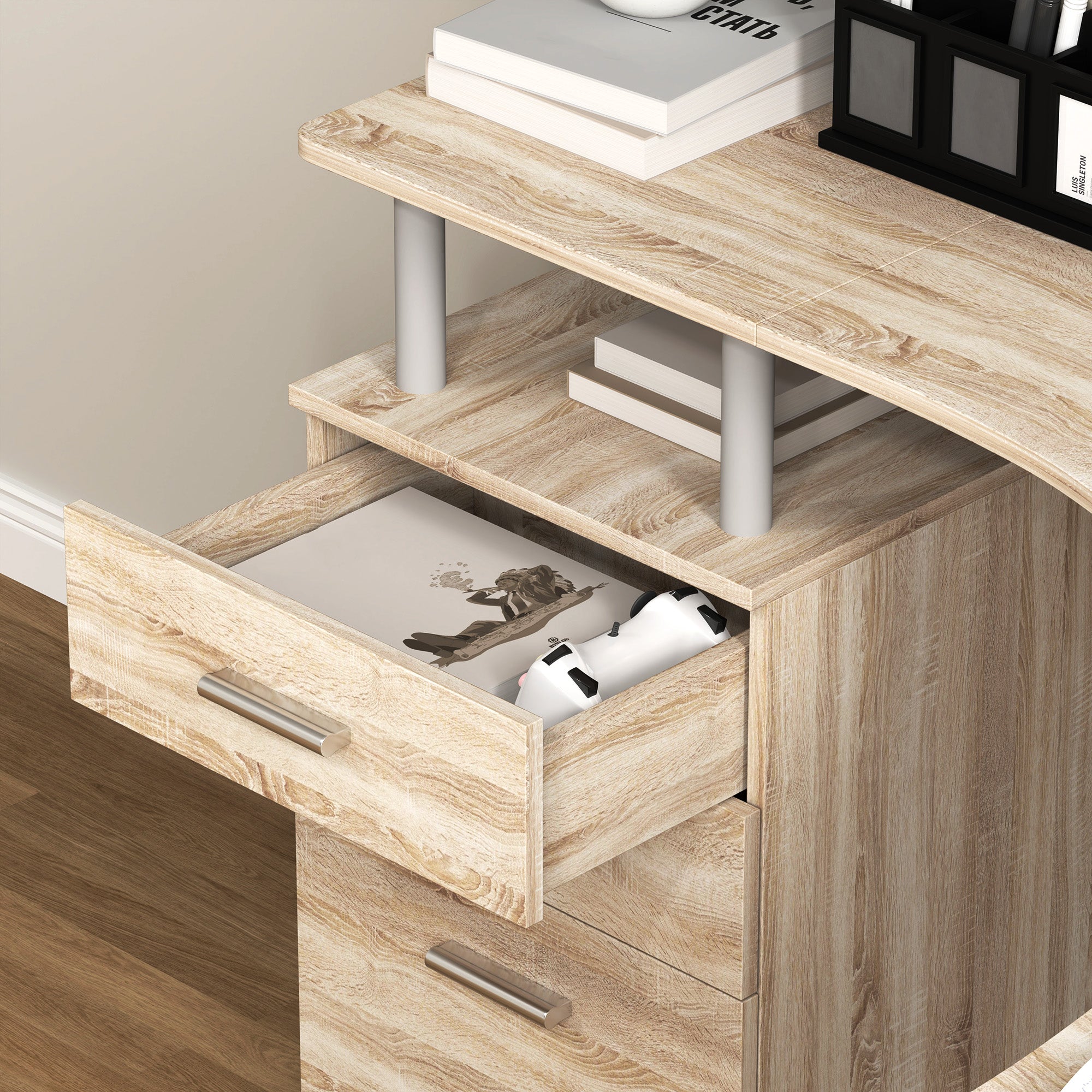 HOMCOM L-Shaped Computer Desk Table with Storage Drawer, Home Office Desk Corner Industrial Style Workstation for A4 Files 143.5 x 143.5 x 76cm, Oak - North Peak Garden Furniture