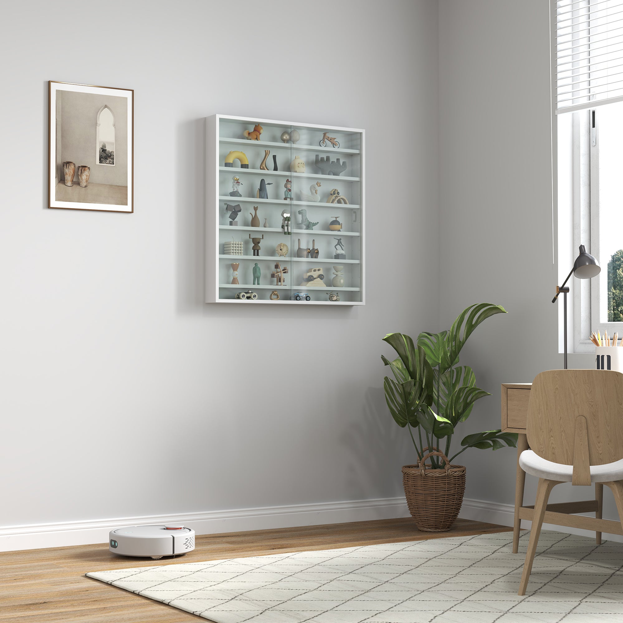HOMCOM 7-Tier Wall Display Shelf Unit Cabinet w/ 6 Adjustable Shelves Glass Doors Home Office Ornaments 83x80cm, White