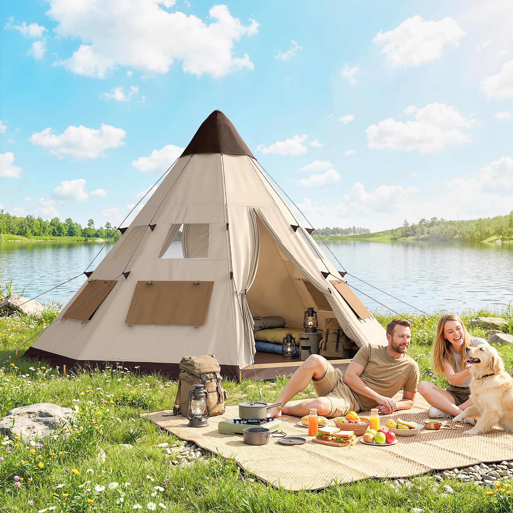 Outsunny 6 Men Tipi Tent with Carry Bag - Khaki