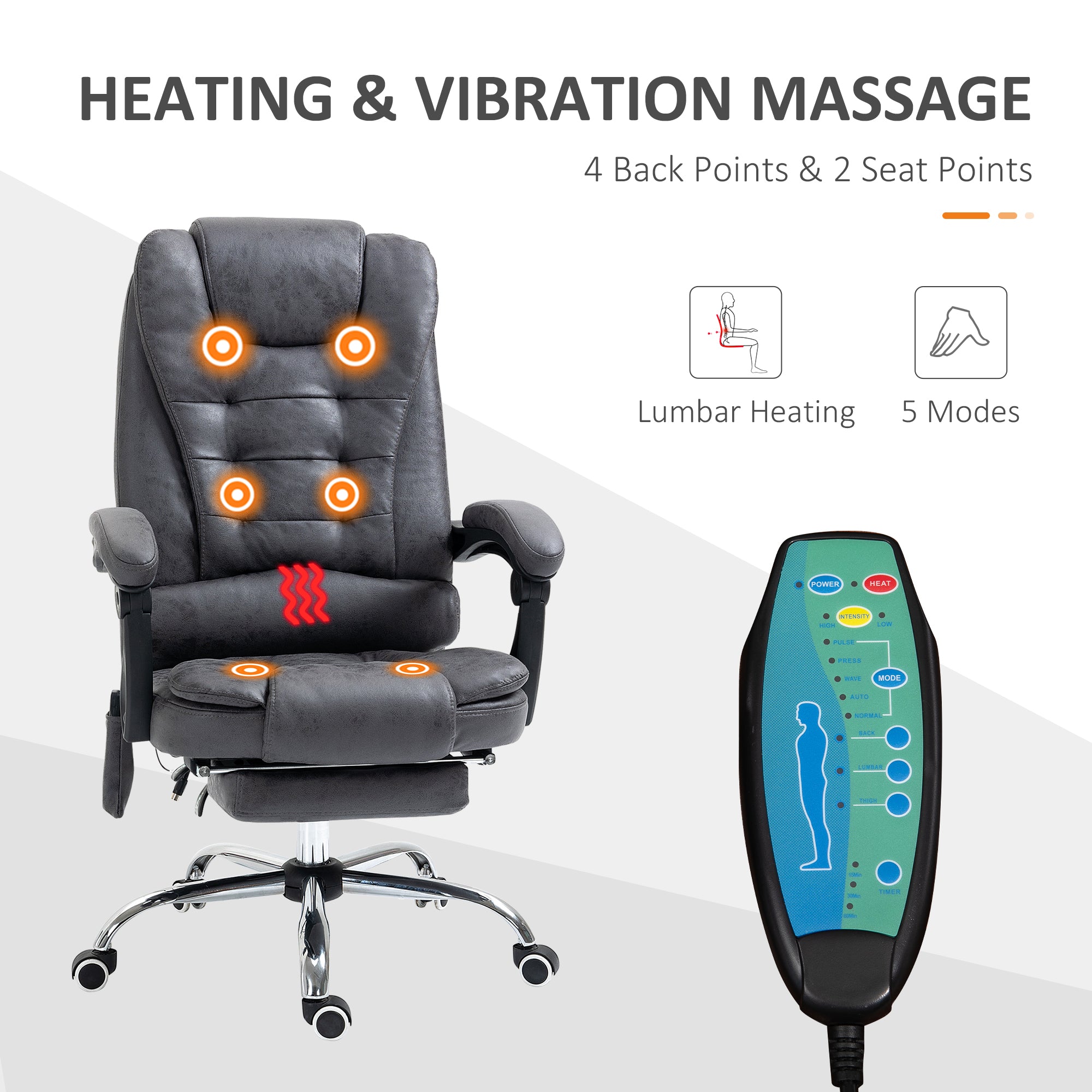 Vinsetto Heated 6 Points Vibration Massage Executive Office Chair Adjustable Swivel Ergonomic High Back Desk Chair Recliner with Footrest Dark Grey - North Peak Garden Furniture