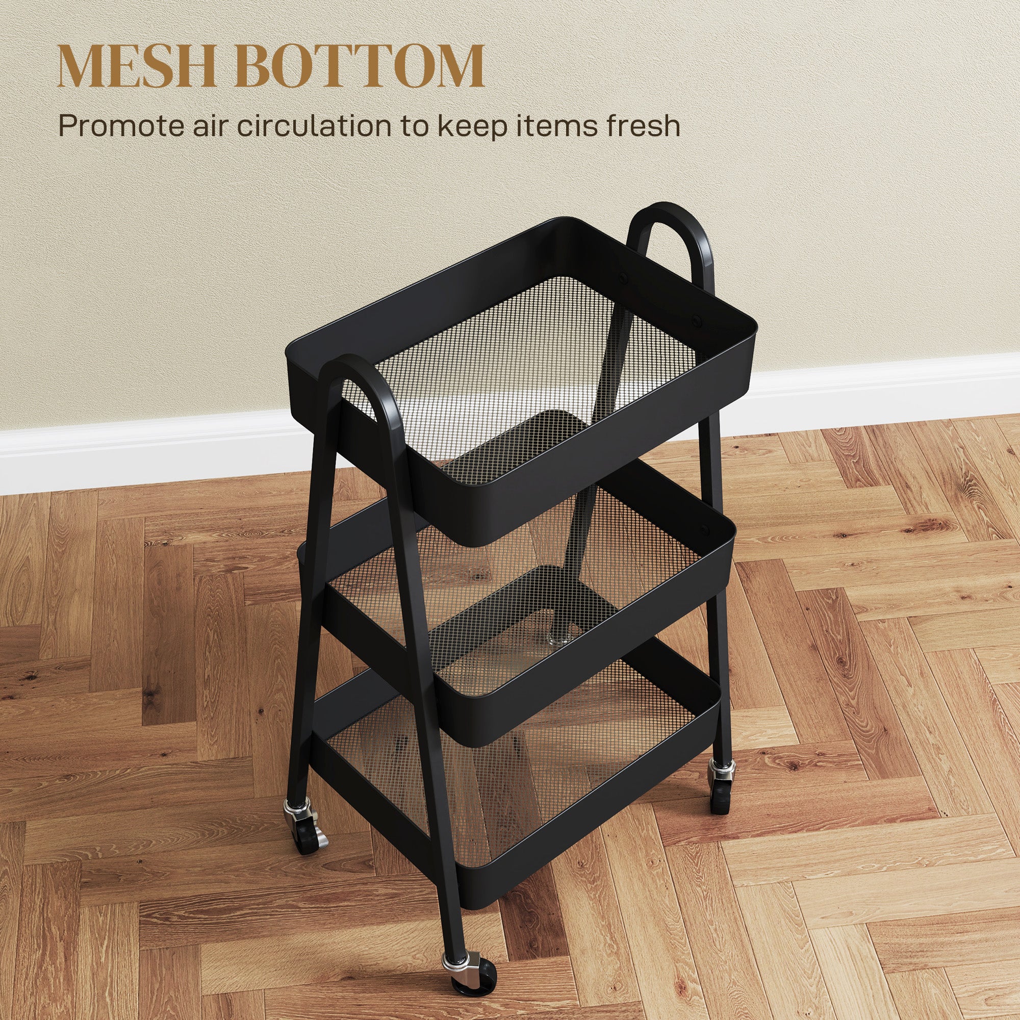 HOMCOM 3-Tier Storage Trolley on Wheels - Black - North Peak Garden Furniture