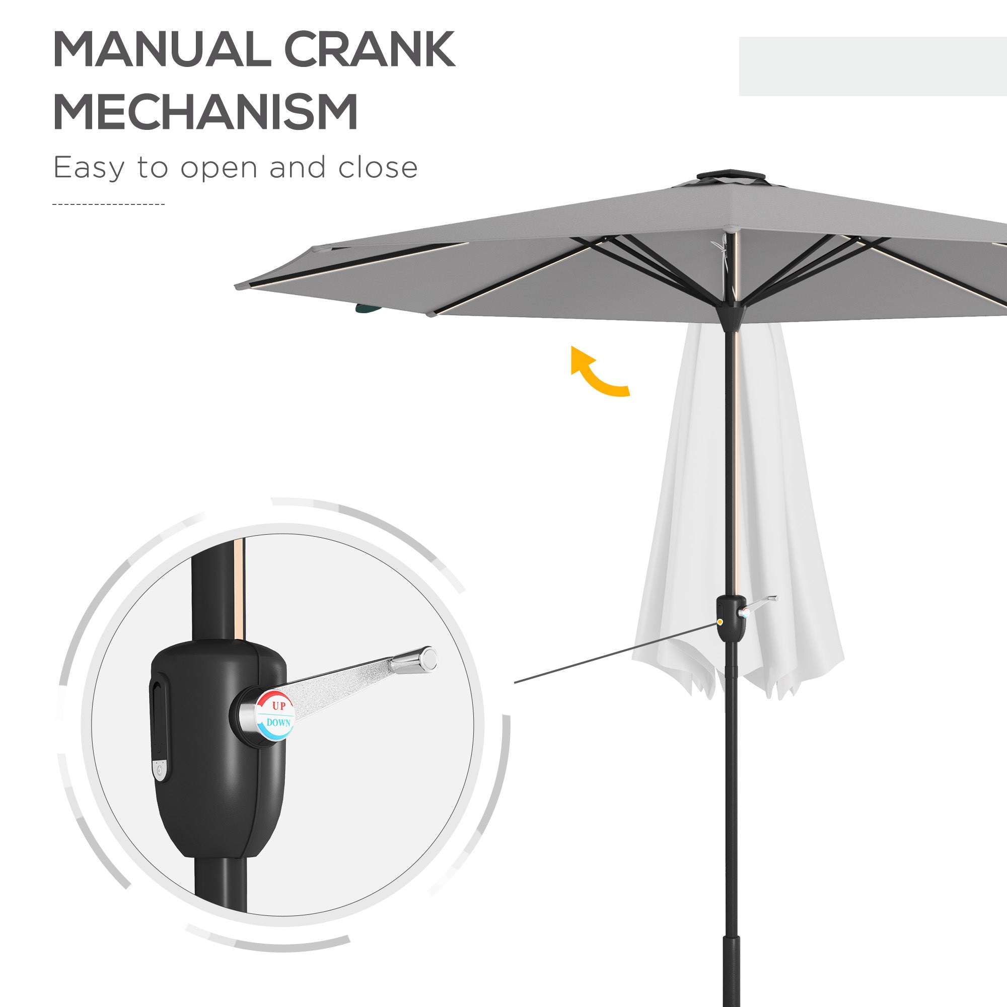 Outsunny 2.65m Garden Parasol, with LED Lights - Light Grey - North Peak Garden Furniture
