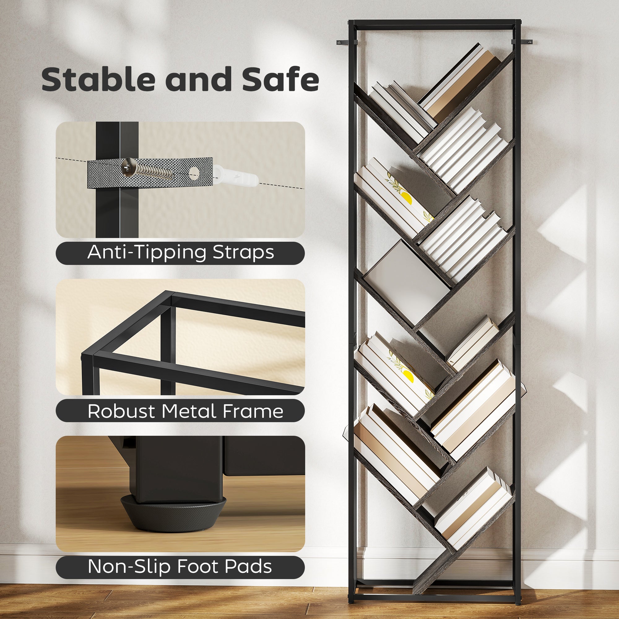 HOMCOM 10 Shelf Industrial-Style Bookshelf - Black/Grey
