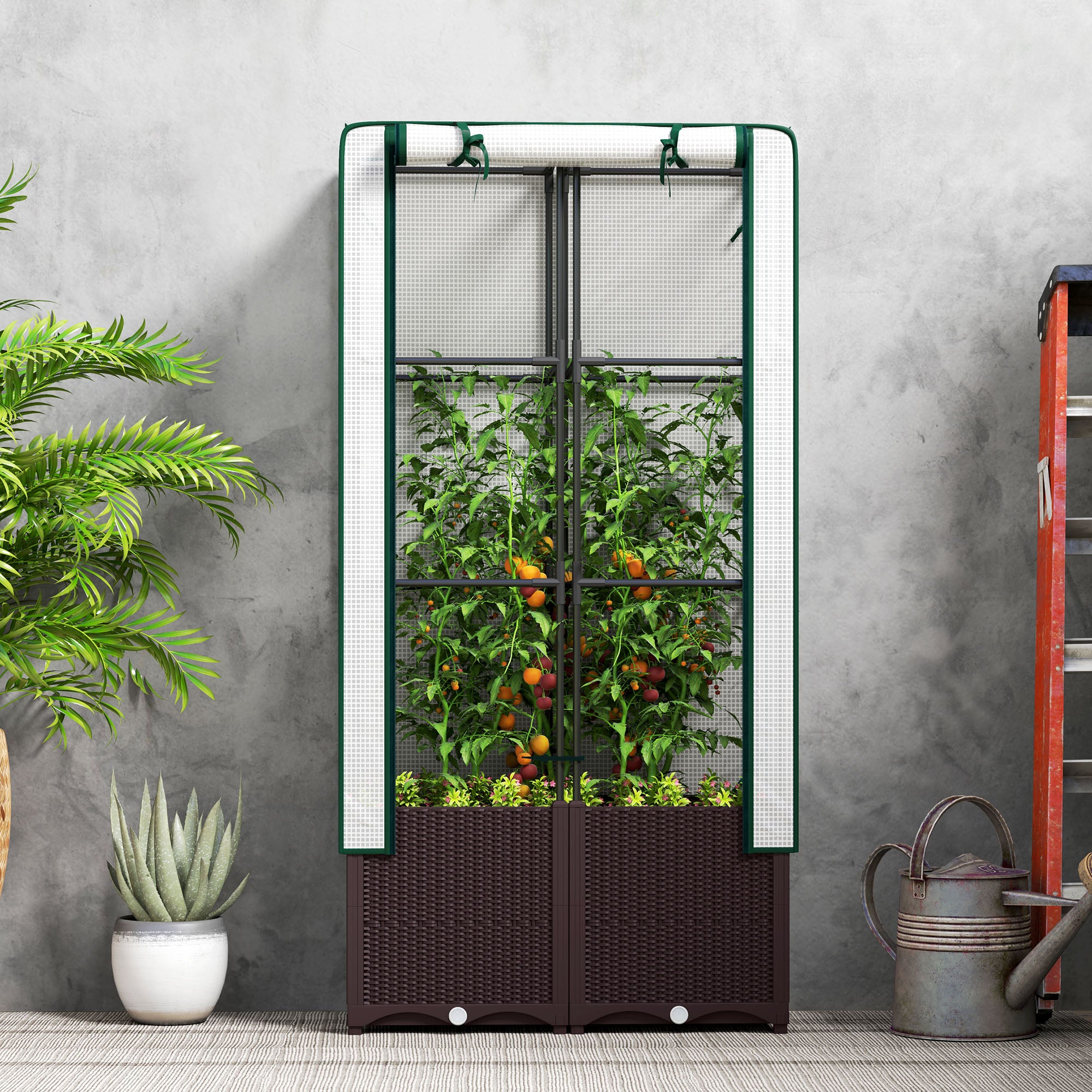 Outsunny Raised Garden Bed with Trellis, Plastic Planter Box with PE Cover, Drainage Holes and Drain Plugs for Climbing Plants, Vegetables, Flowers, 80 x 40 x 140 cm - North Peak Garden Furniture