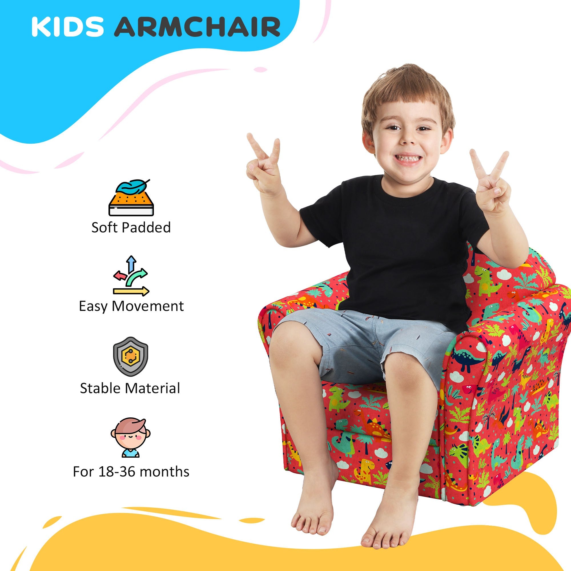 AIYAPLAY Kids Armchair with Dinosaur Design, Wooden Frame, for Bedroom, Playroom, Kids Room, Red - North Peak Garden Furniture