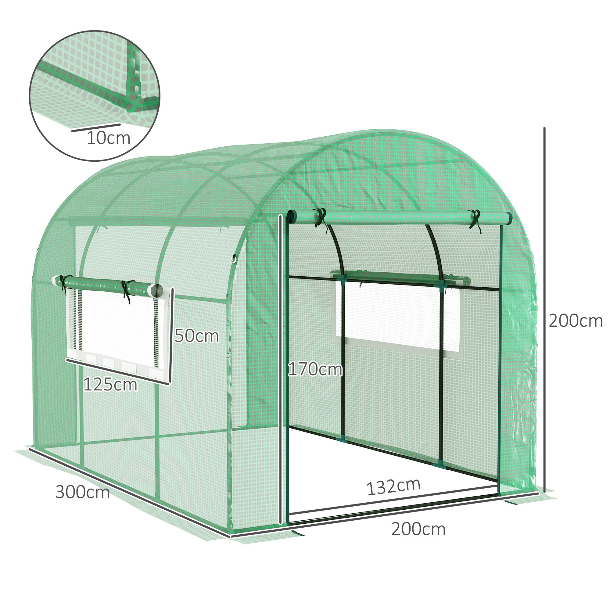 Outsunny 300 x 200cm Walk-In Polytunnel Greenhouse - Green