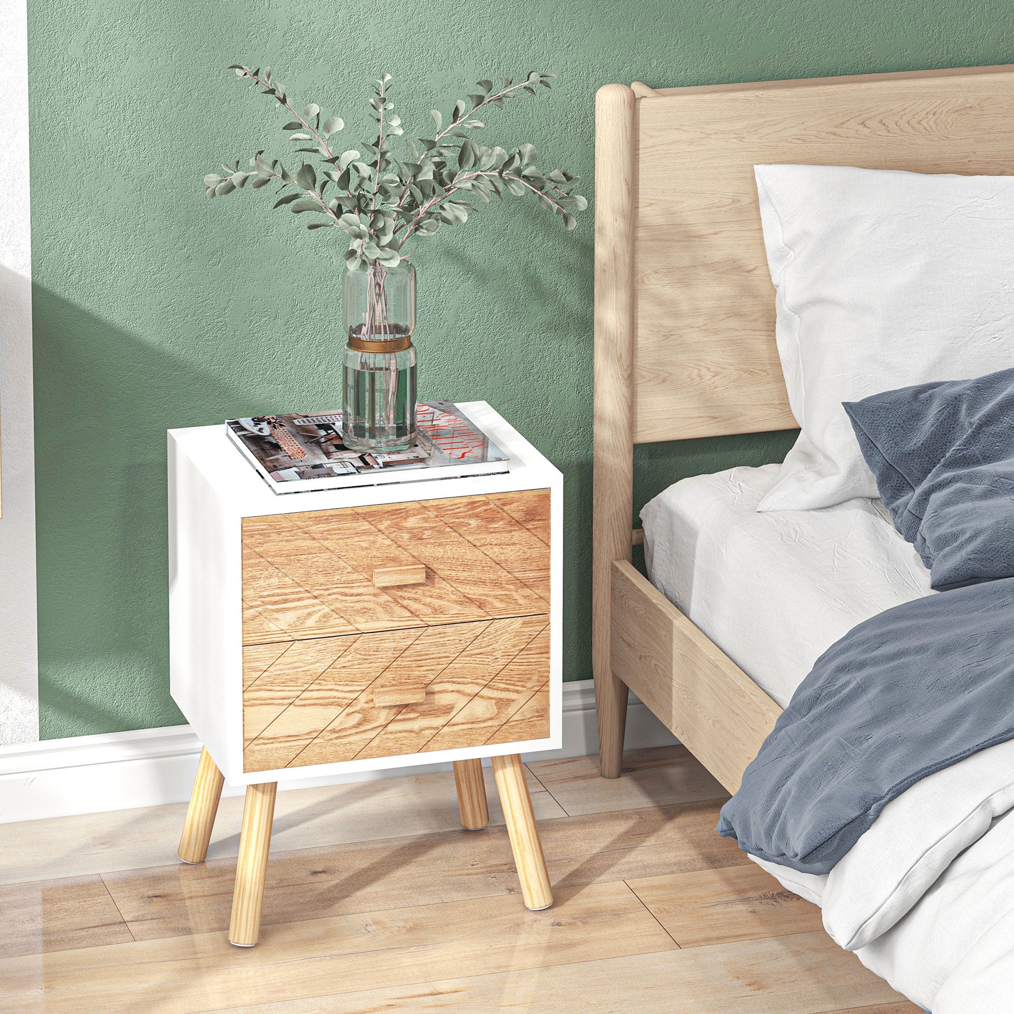 HOMCOM 2 Drawers Bedside Table with Pine Legs, Bedroom Wooden Storage Cabinet, Set of 2, Natural - North Peak Garden Furniture
