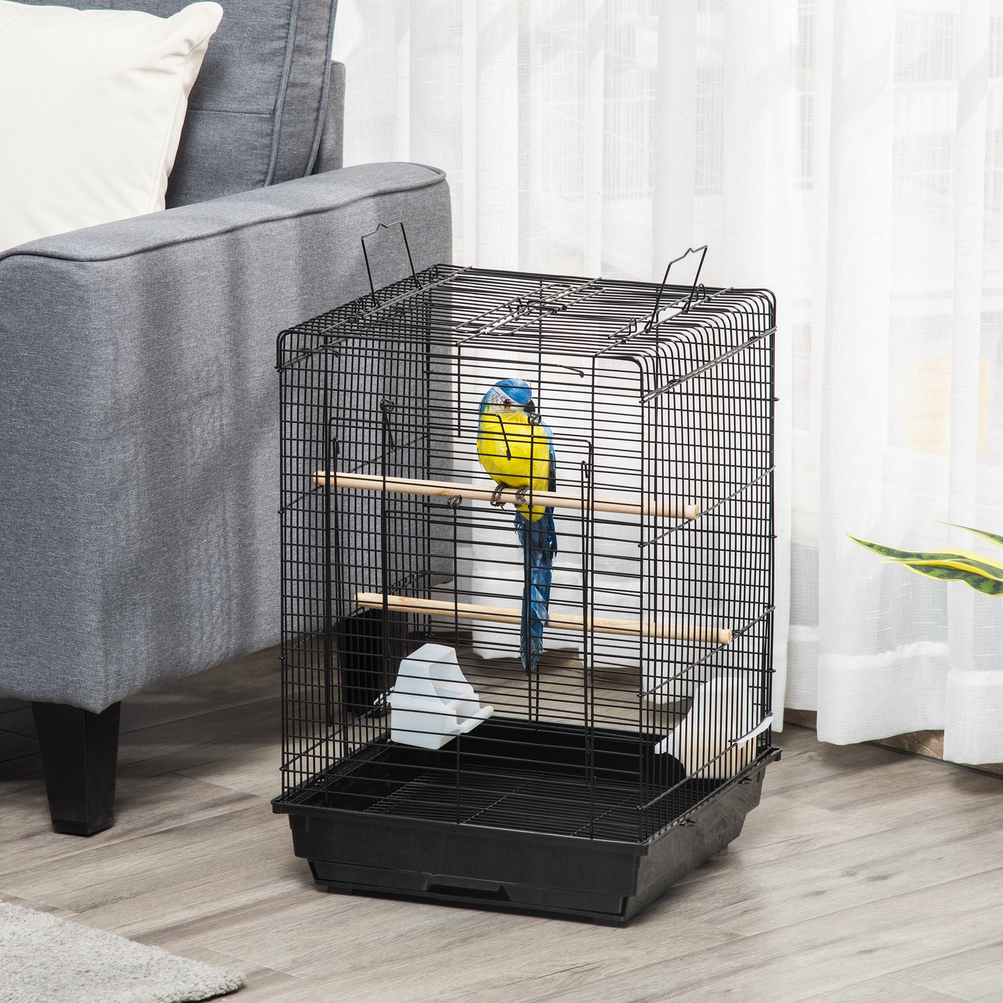 PawHut Steel Bird Cage with Openable Top, Stand, Tray, Handles, Feeding Bowls for Parakeet, Finch - Black