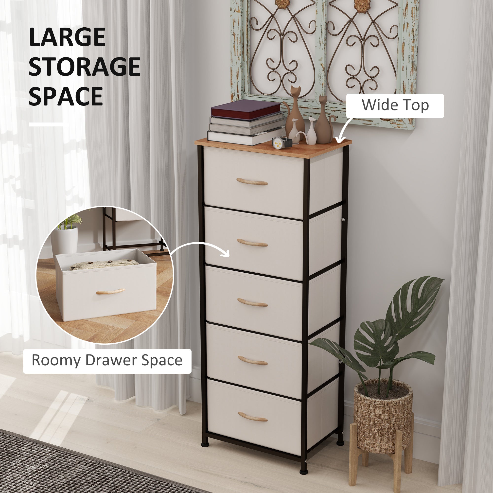 HOMCOM Fabric Chest of Drawers, Storage Drawers, Industrial Bedroom Dresser with 5 Fabric Drawers, Steel Frame and Wooden Top for Nursery, Living Room, Hallway, Cream White - North Peak Garden Furniture